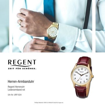 Regent Quarzuhr Regent Herren-Armbanduhr rot braun Analog, Herren Armbanduhr rund, mittel (ca. 37mm), Lederarmband