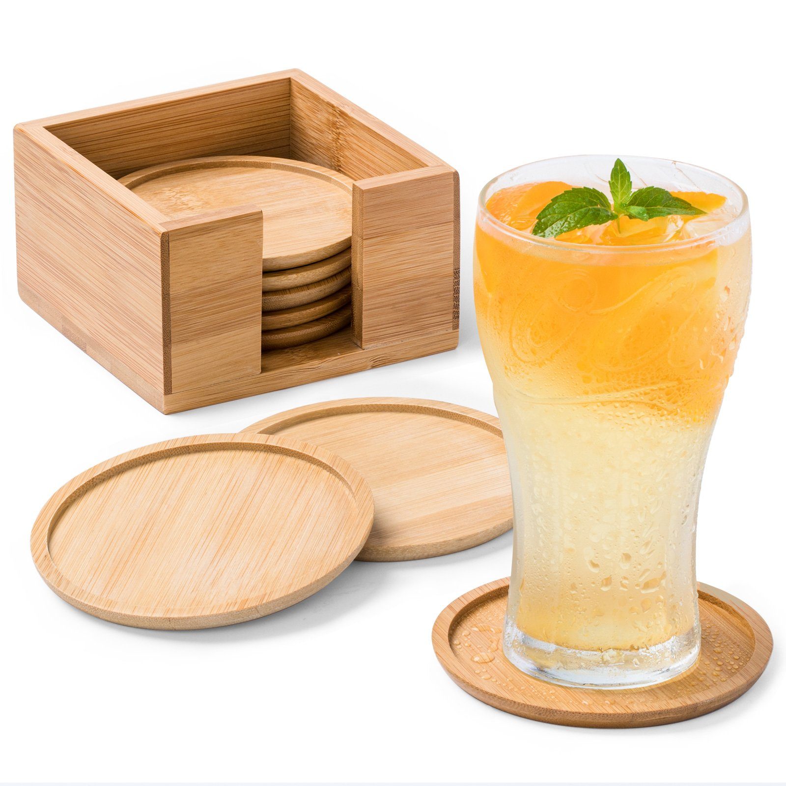 Rainsworth Becheruntersetzer Untersetzer Holz Rund für Gläser - Glas Untersetzer Set mit Box, Set, 8-tlg., Waschbare Glasuntersetzer Geeignet für Getränke, Bier