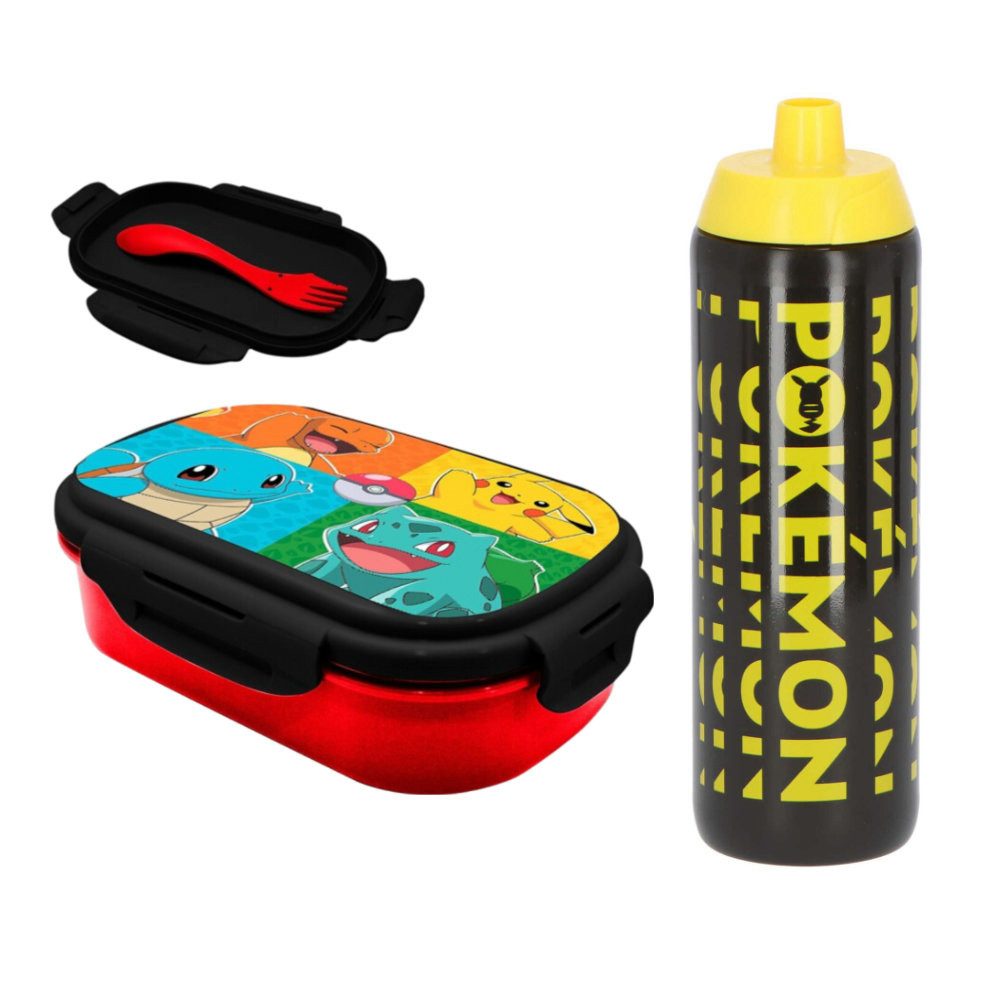 POKÉMON Lunchbox Pokemon Pikachu Kinder 3 tlg. Set Brotdose Gabel Löffel Trinkflasche, Kunststoff, (3-tlg), 700 ml
