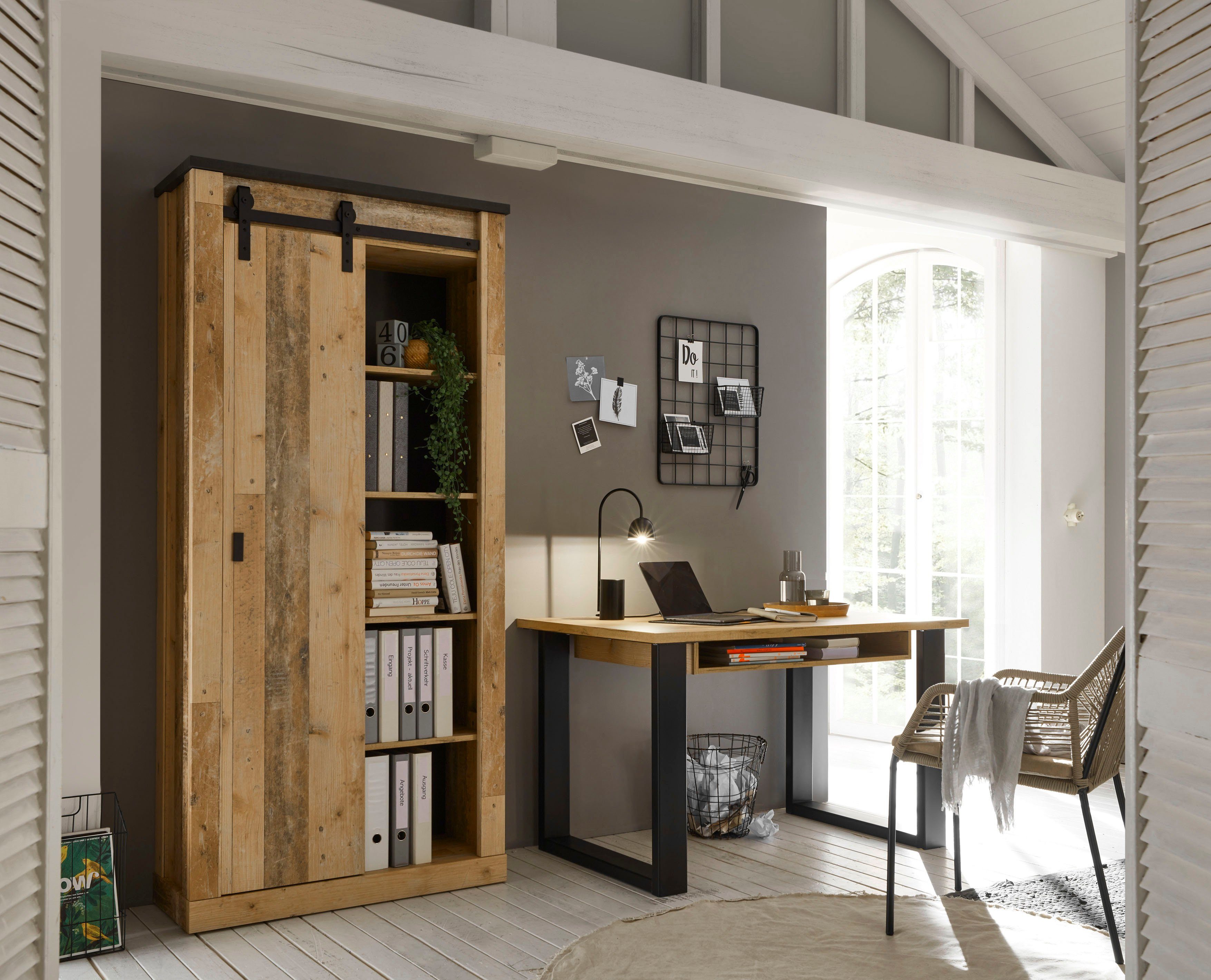 Home affaire Schrank-Set SHERWOOD, (2-St), Büromöbel Set, mit Scheunentorbeschlag aus Metall, Breite ca. 220 cm