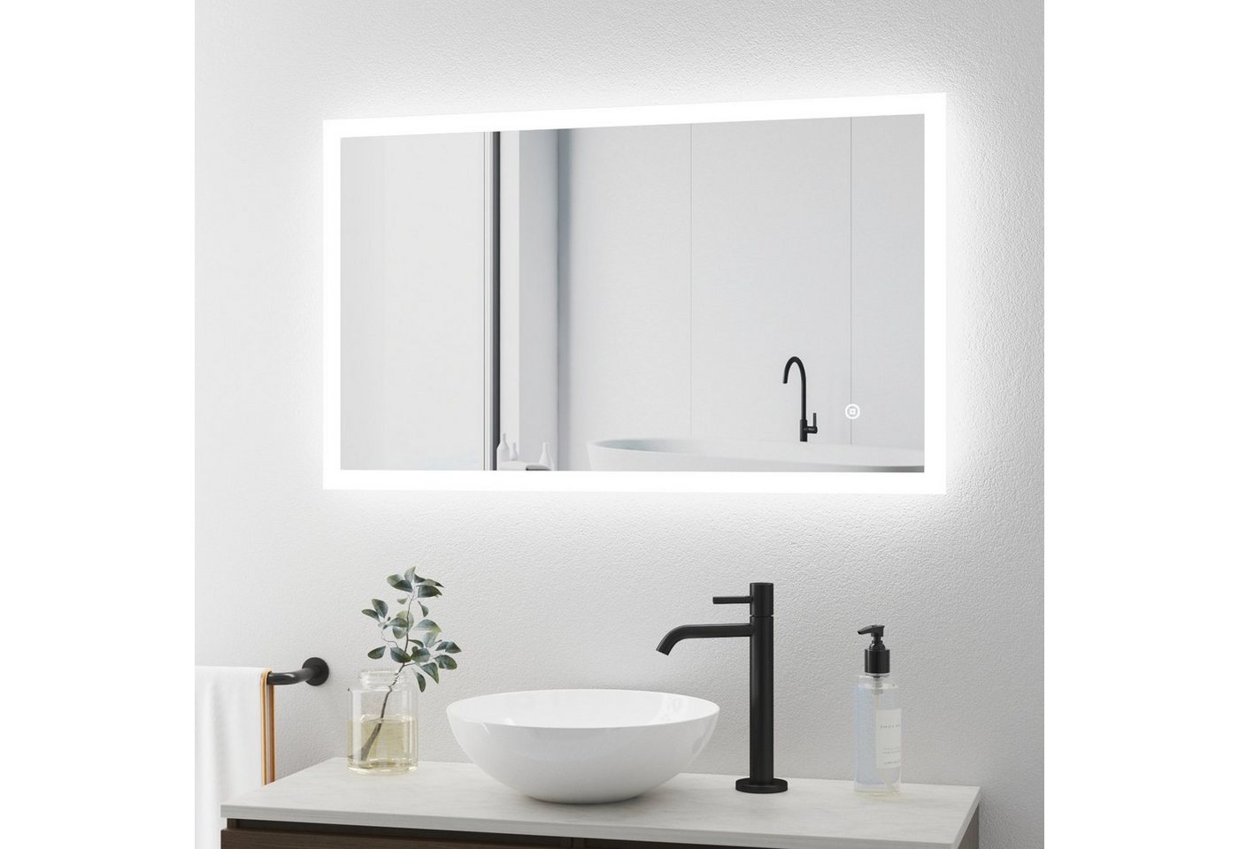 Thumbnail - WDWRITTI Badspiegel Badspiegel mit Beleuchtung LED Wandspiegel mit 3 Lichtfarben 100x60cm (Umgeben von einem mattierten,...