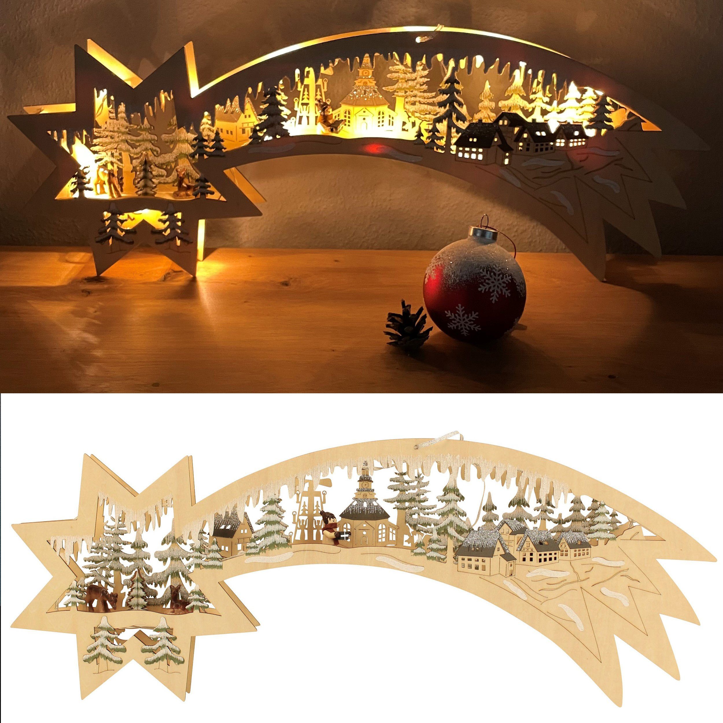 Online-Fuchs Weihnachtsfigur als Sternschnuppe aus Holz mit LEDs beleuchtet und 6-Stunden-Timer (Fensterdeko Hänger, Schwibbogen, Winterszene Dorf mit Kirche, Häuser, Rehe, Wanddeko, hängend, aber auch zum hinstellen geeignet), SILBER, 58 cm breit