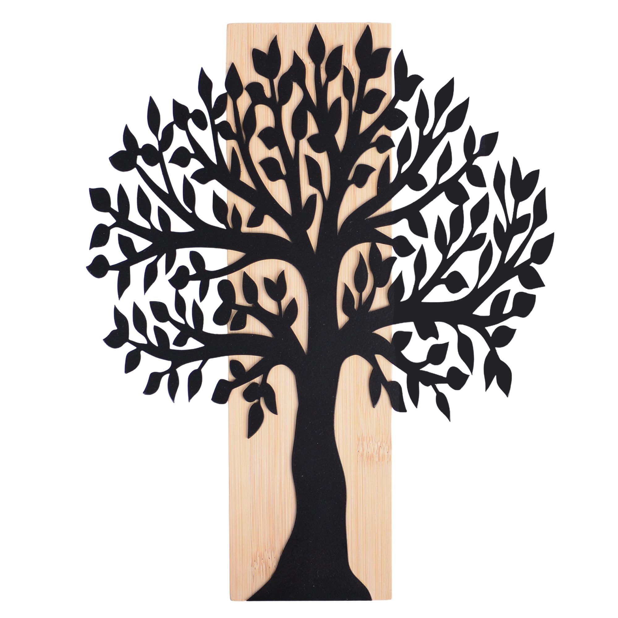 UNUS HOME Dekohänger Aufhänger Metallbaum Schwarz Bambusbrett groß (35 x 28 cm), Metall Wanddeko, Baum des Lebens, Wandbild