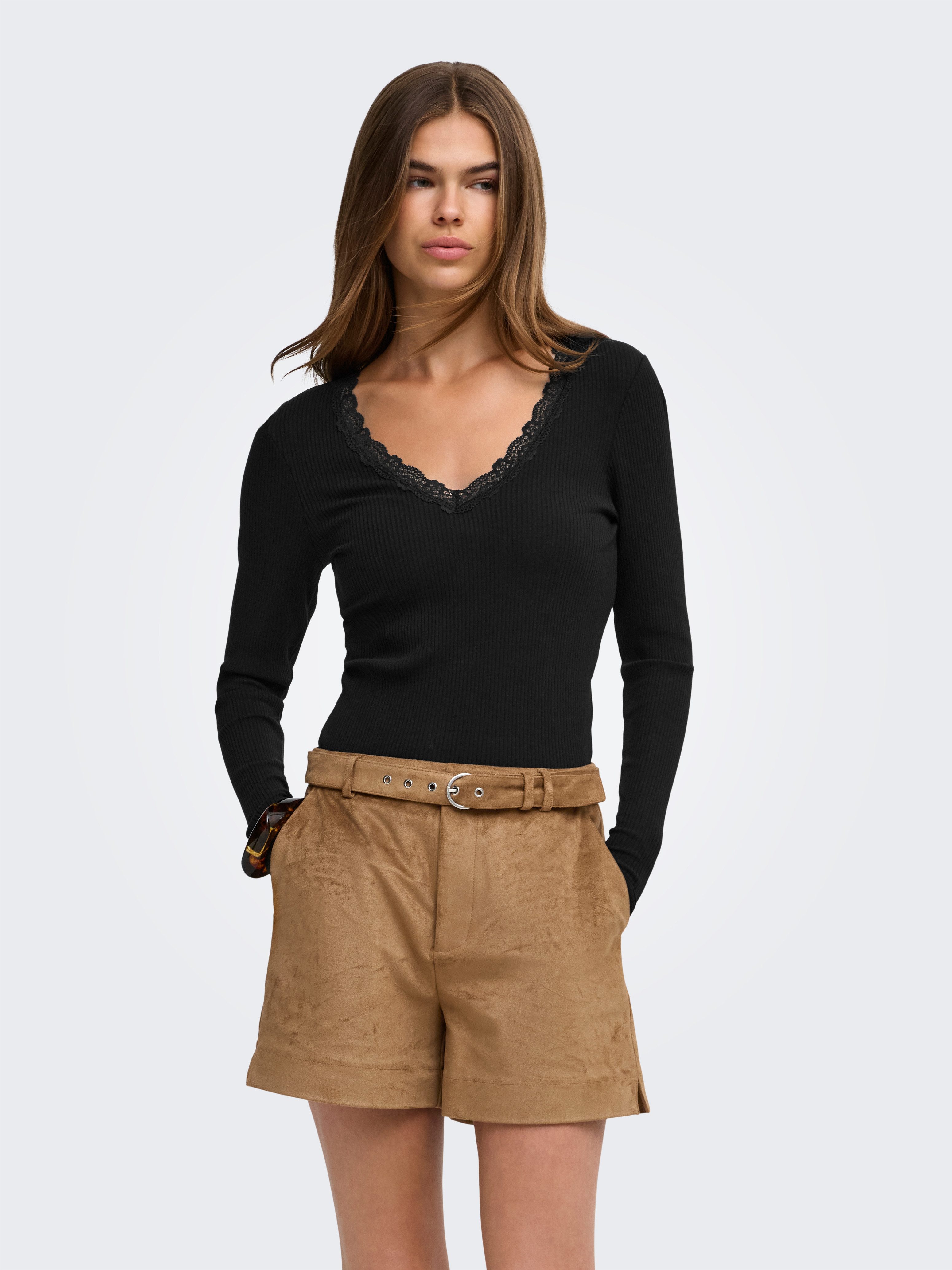 ONLY V-Shirt ONLSARA SHARAI L/S V-NECK TOP JRS Baumwollmischung, slim fitregular fit