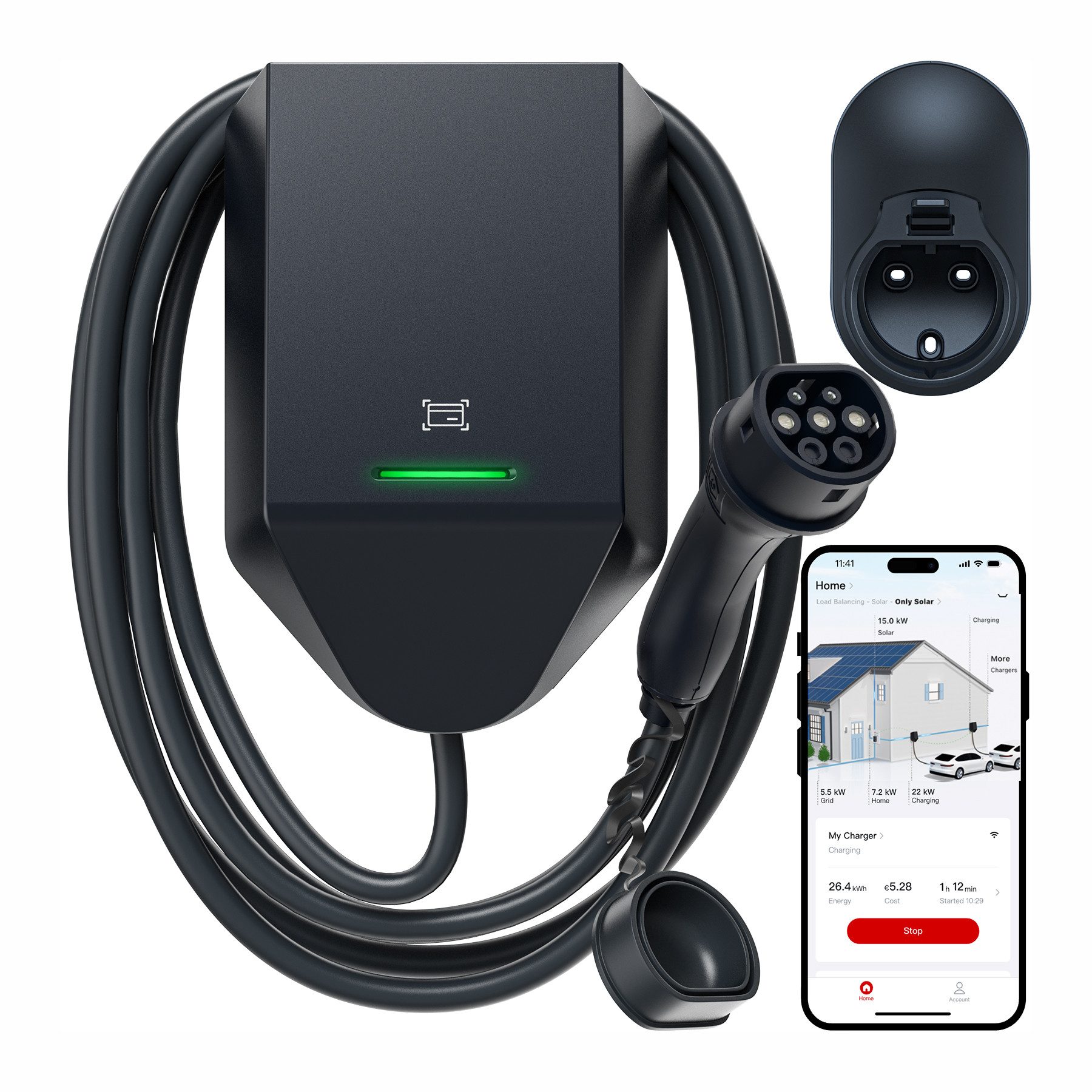 ELECQ Elektroauto-Ladestation H1, Wallbox mit 5M Typ 2 Ladekabel, 11kW / 16A, 3-phasig, Aktives Lastmanagement & PV-Überschussladen (erfordert Power Monitor), App-Steuerung, Intelligentes Laden, IP65 & IK10, RFID/WLAN/OCPP