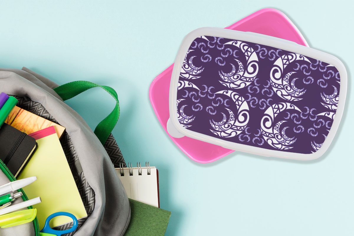 rosa Lunchbox Kunststoff, Snackbox, für - Mädchen, MuchoWow Erwachsene, (2-tlg), Mond - Kinder, Kunststoff Brotdose Muster Nacht, Brotbox