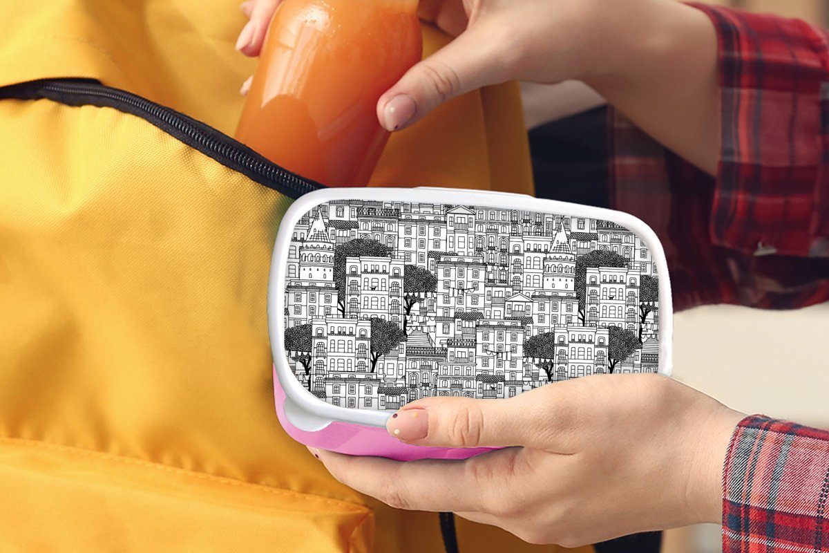 Brotbox MuchoWow Kunststoff Kinder, rosa Snackbox, Brotdose Kunststoff, - Erwachsene, für Lunchbox (2-tlg), Häuser - Städte, Mädchen, Muster