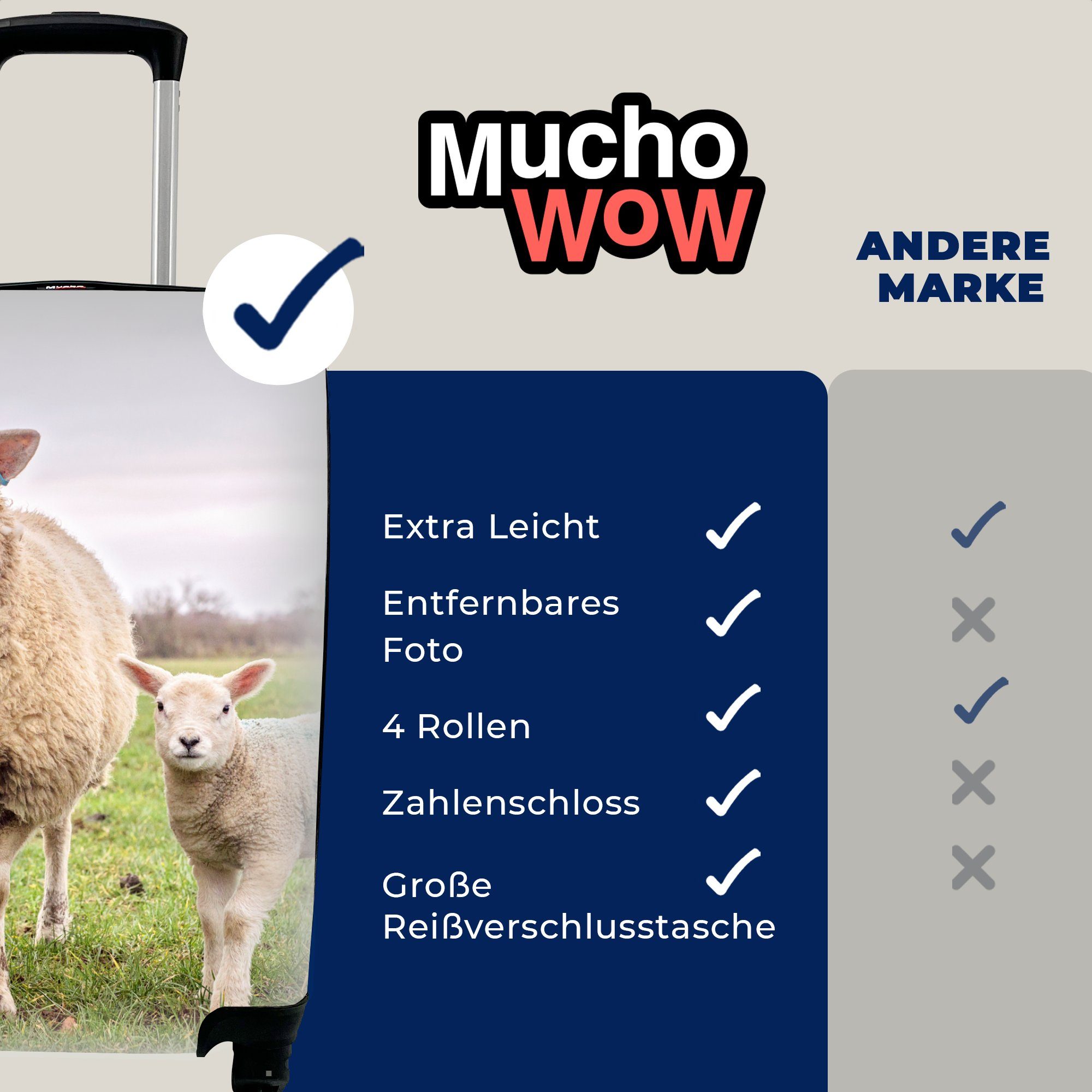 MuchoWow - Porträt, Schafe Rollen, Nutztiere rollen, Ferien, Handgepäck 4 Trolley, Handgepäckkoffer mit Reisetasche für - Reisekoffer