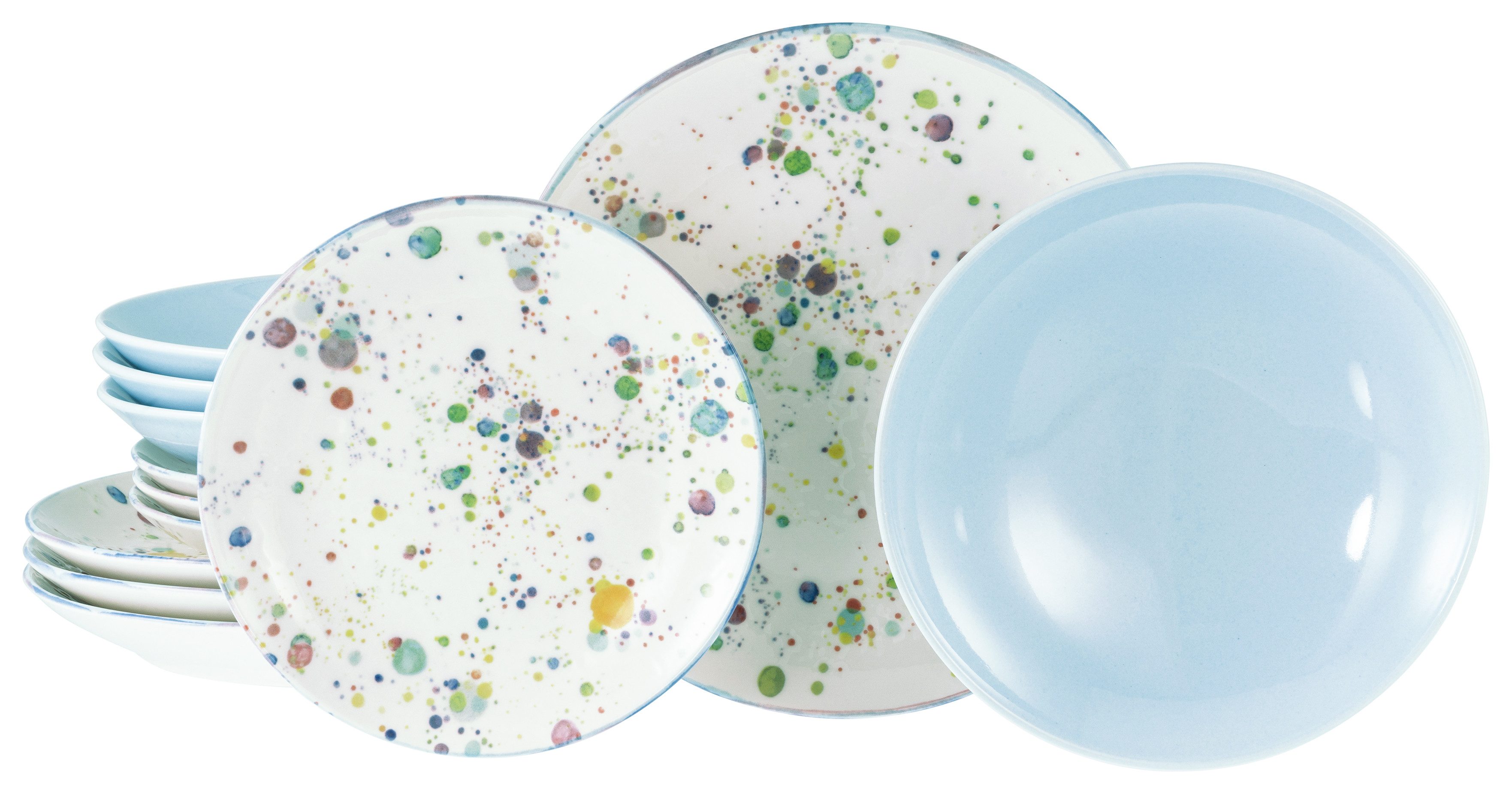 CreaTable Тарелки-Set Candy Drops, Тарелкиset 12-tlg. (12-tlg), 4 Personen, Steinzeug, Unregelmäßige bunte Punkte, Gute Laune Geschirr, Frisch, Freundlich