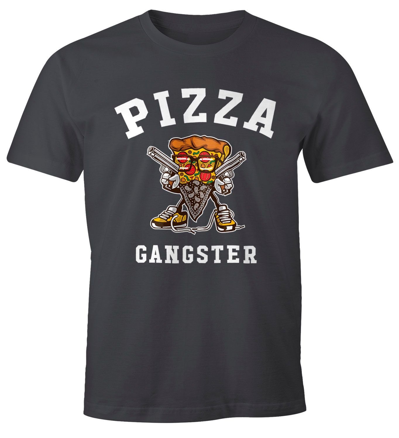 mit Herren Moonworks® Pizza Print-Shirt grau Fun-Shirt T-Shirt MoonWorks Gangster Print