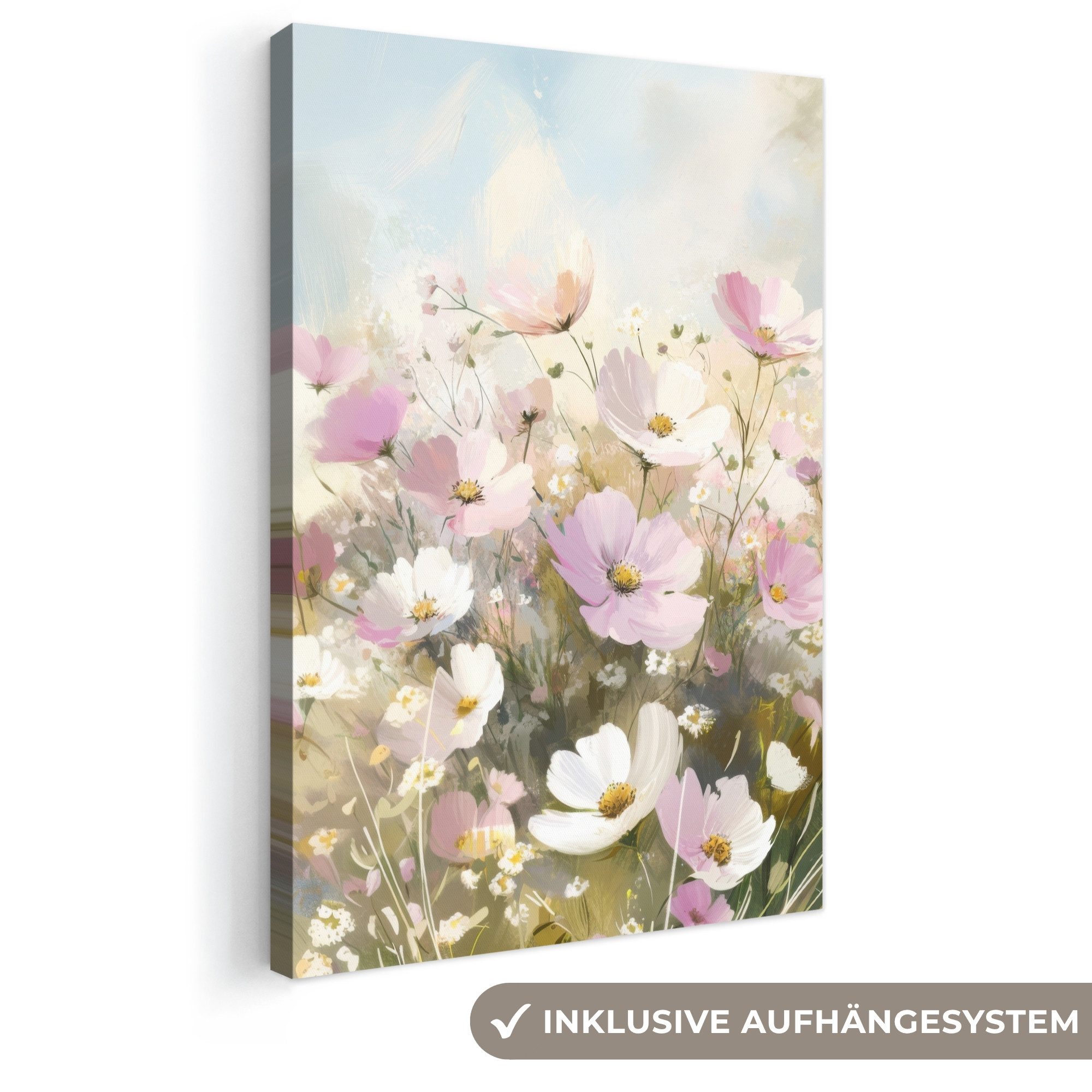 OneMillionCanvasses® Leinwandbild Blumenfeld - Helle Farbtöne - Gemalt, Fotodruck (1 St), Leinwand Canvas Wandbild, Wanddekoration 20x30 cm