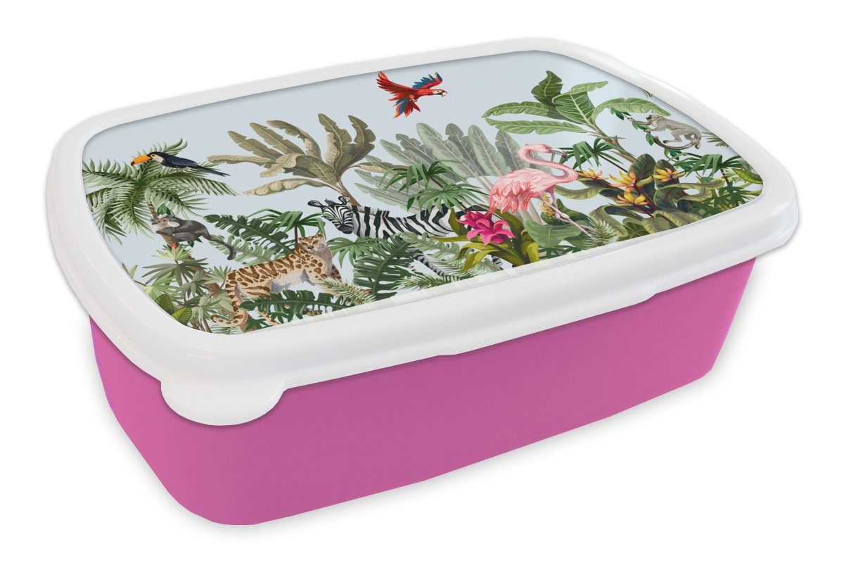 MuchoWow Lunchbox Dschungel - Flamingo - Affe - Jungen - Mädchen - Kinder, Kunststoff, (2-tlg), Brotbox für Erwachsene, Brotdose Kinder, Snackbox, Mädchen, Kunststoff rosa