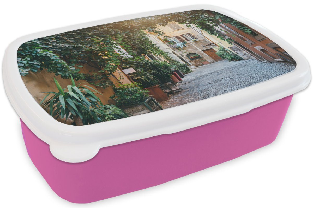 (2-tlg), - Brotbox Italien MuchoWow Kunststoff für Mädchen, Kinder, Erwachsene, Schleicher, Straße Kunststoff, - rosa Snackbox, Brotdose Lunchbox