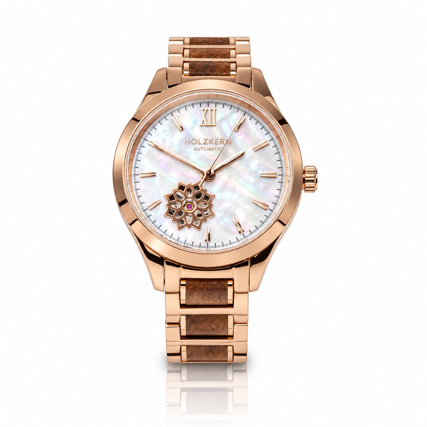 Holzkern Automatikuhr Kaleidoscopic Damenuhr Perlmutt Koa Roségold 36 mm