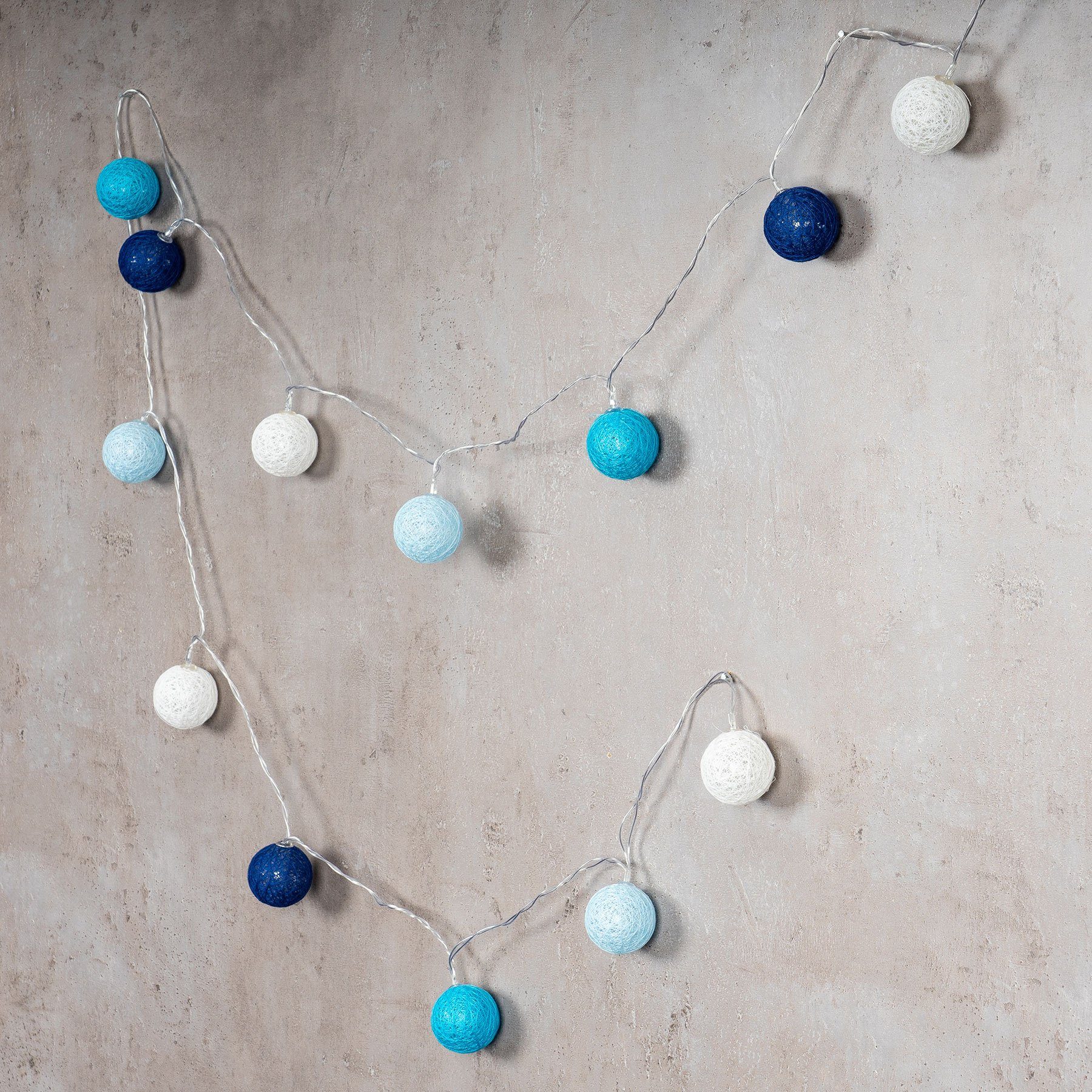 Levandeo® Lichterkette, 15er Lichterkette Ø4cm LED Kugeln Girlande Lampions Baumwolle Blau