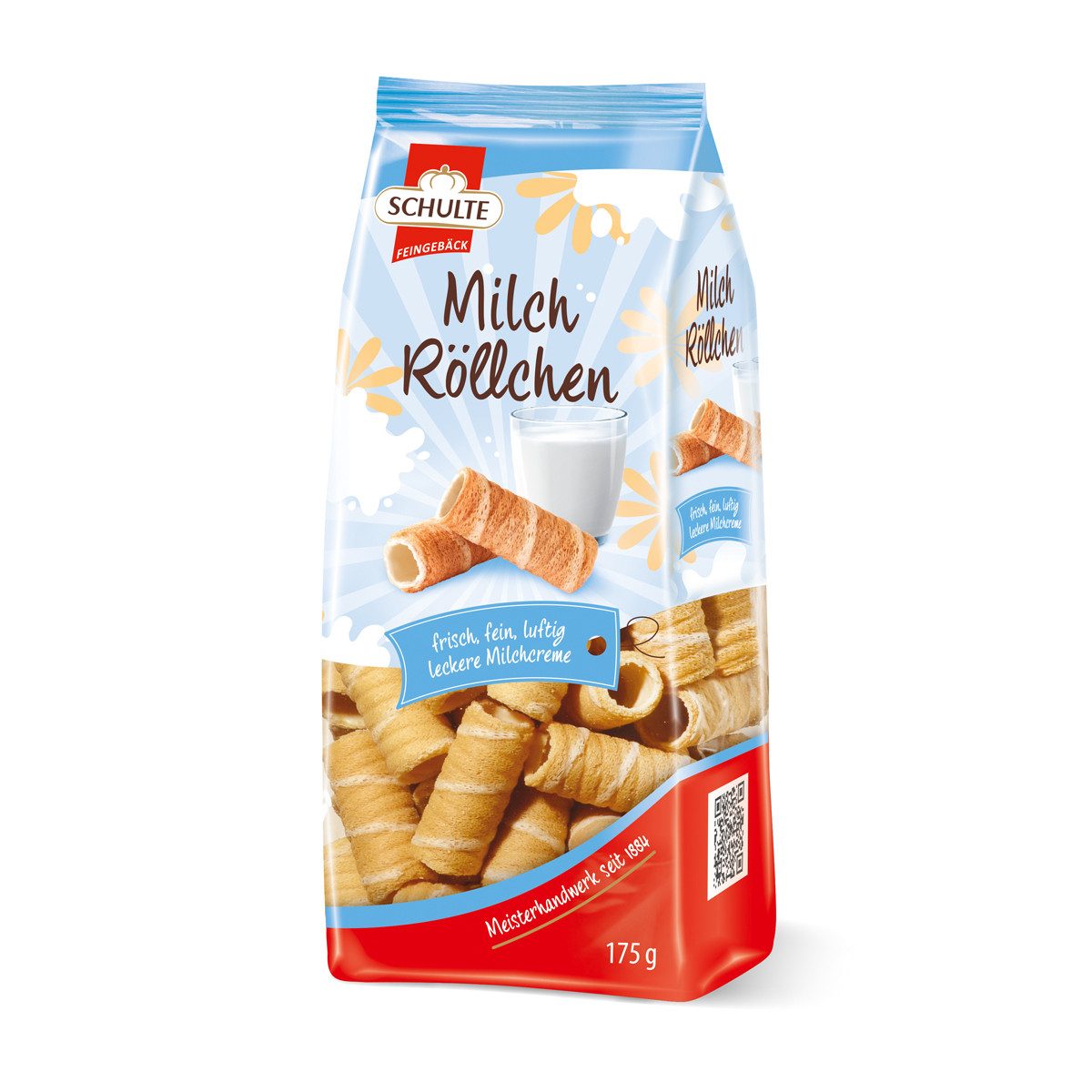 Schulte Kekse, Schulte Milch Waffelröllchen mit hauchzarter Waffel fein luftig 175g