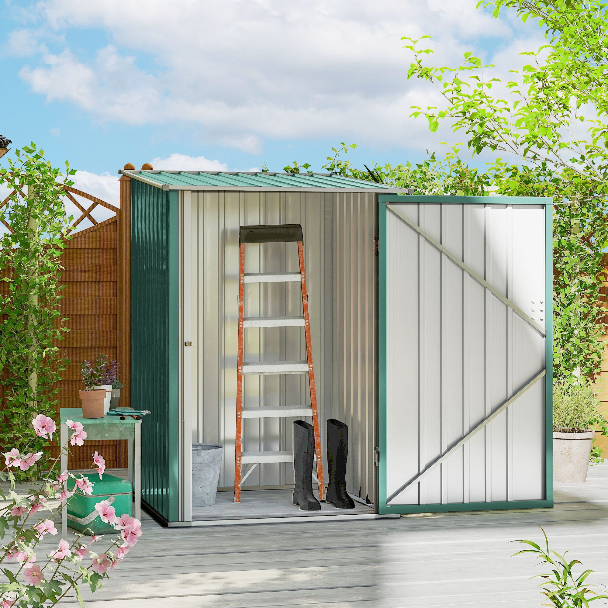 Outsunny Gerätehaus Metall 0,92 m² Geräteschuppen mit Pultdach Abschließbarer Tür, BxT: 100x103 cm, (Metall Geräteschuppen, 1 St., Gartenhaus 0,92 m), für Hinterhof Außenbereich Grün