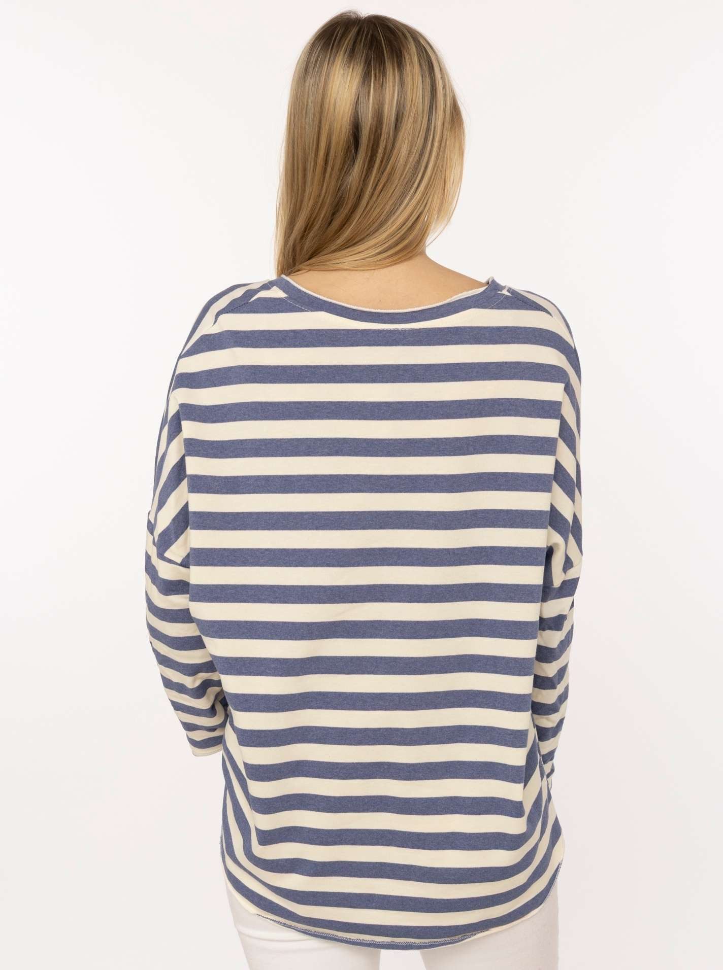 Zwillingsherz T-Shirt "Streifen & Jersey" Streifenmuster, V-Neck, offene Kanten für Used Look
