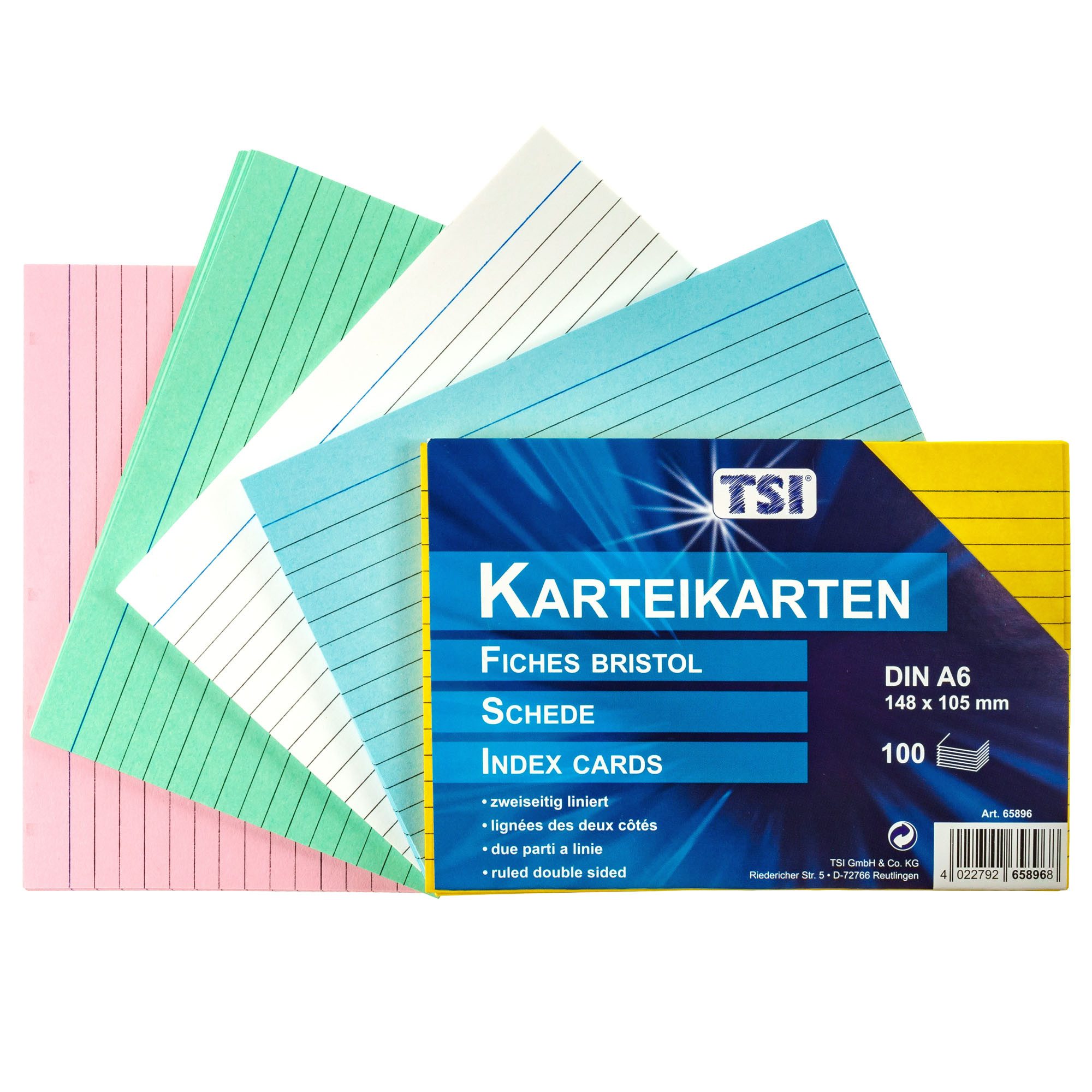 TSI Schreibwaren Karteikarten Karteikarten A6 liniert 100er Pg. farbig sortiert