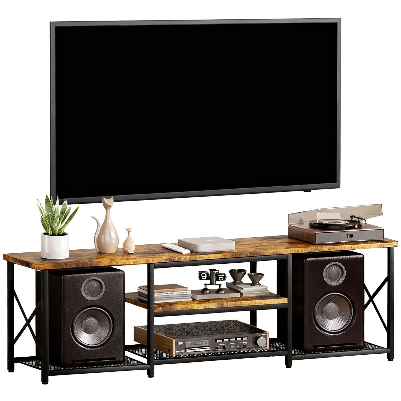 Yorbay Lowboard TV Schrank für Fernseher bis zu 70 Zoll,160x30x52 cm, Schwarz & Retro Holzfarben - Für Wohnzimmer & Schlafzimmer