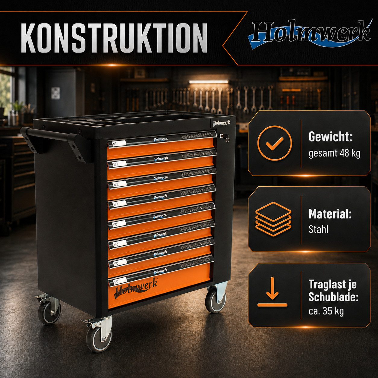 Holmwerk Werkstattwagen Werkstattwagen 252 tlg. XXL bestückt gefüllt Assistent Werkzeugwagen, auf Rollen, Orange