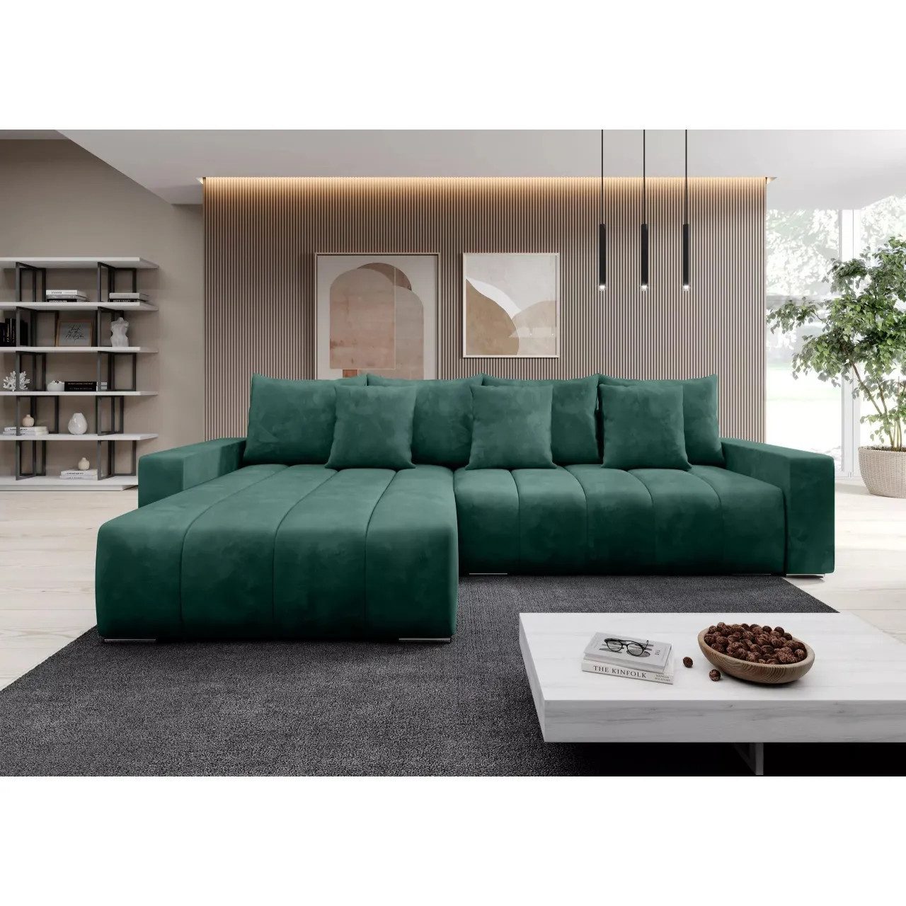 Muffo Ecksofa PIANO, elegante vertikale Nähte, Bettzeugablage, Schlaffunktion 234x137, Lose Rückenkissen