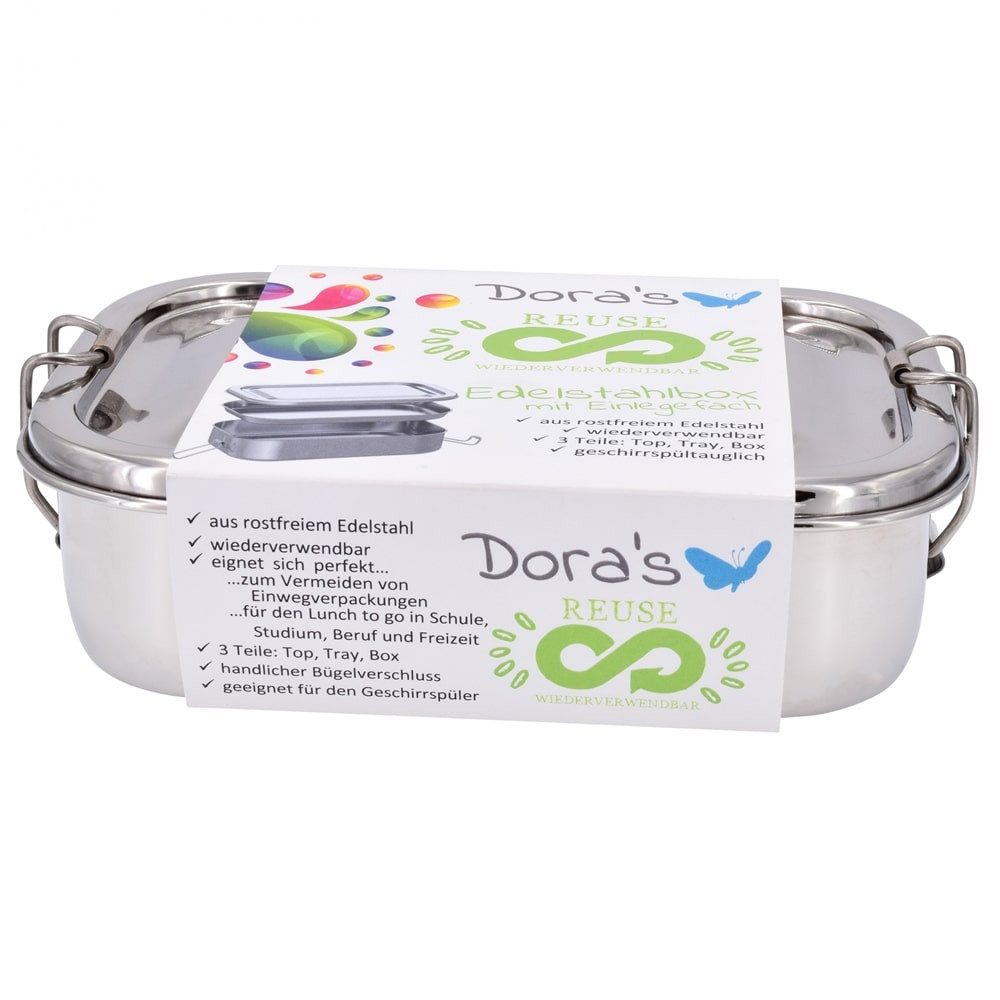 Dora's Lunchbox Edelstahl Box 0,5l – Brotdose mit Einlagefach, 18x12x5 cm, (1x Edelstahl Lunchbox mit Einlagefach (0,5l), Herausnehmbares Einlagefach
