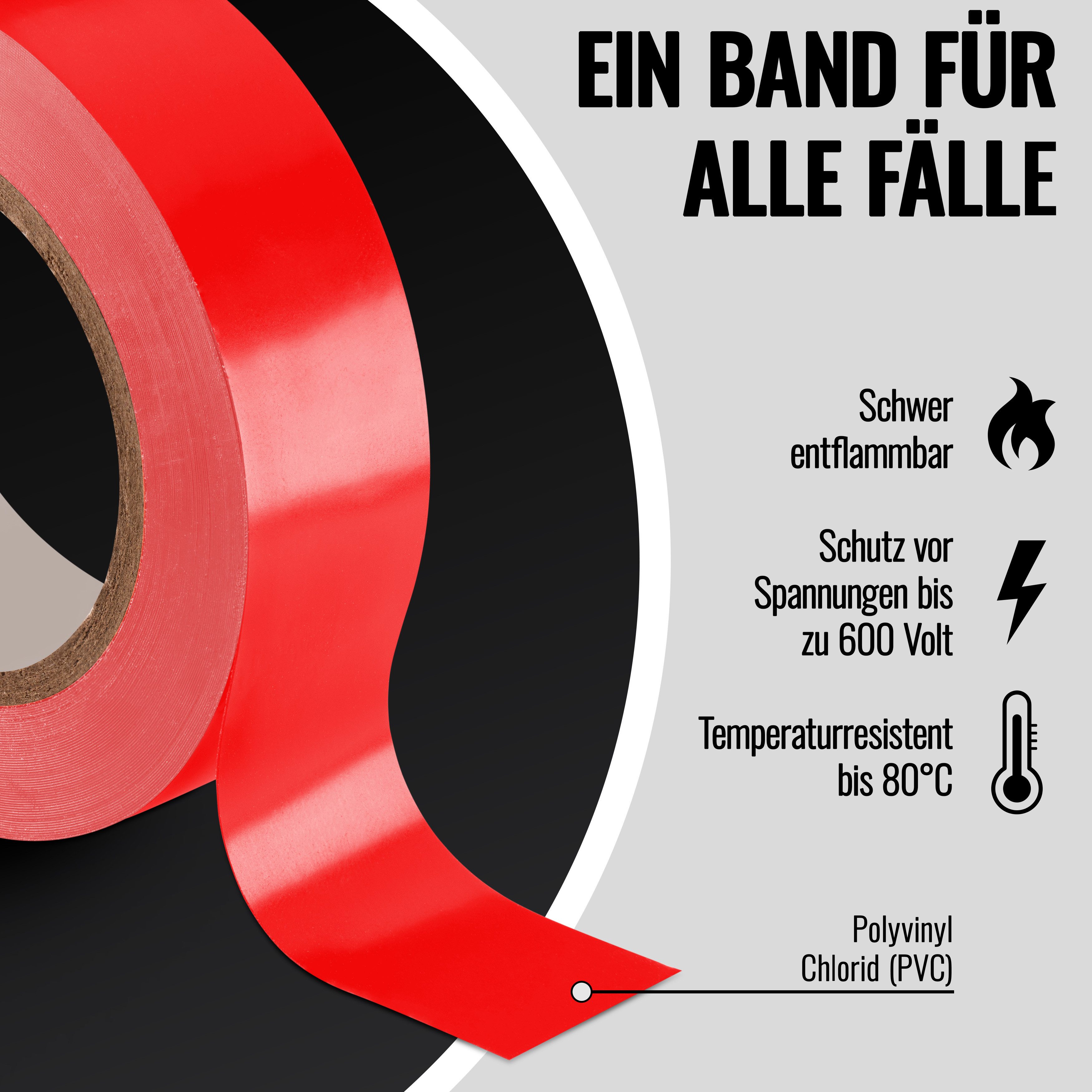 Poppstar Isolierband 10m Universal PVC Dichtband und Klebeband (10-St) Dichtungsband zum Isolieren und Reparieren von elektrischen Kabeln