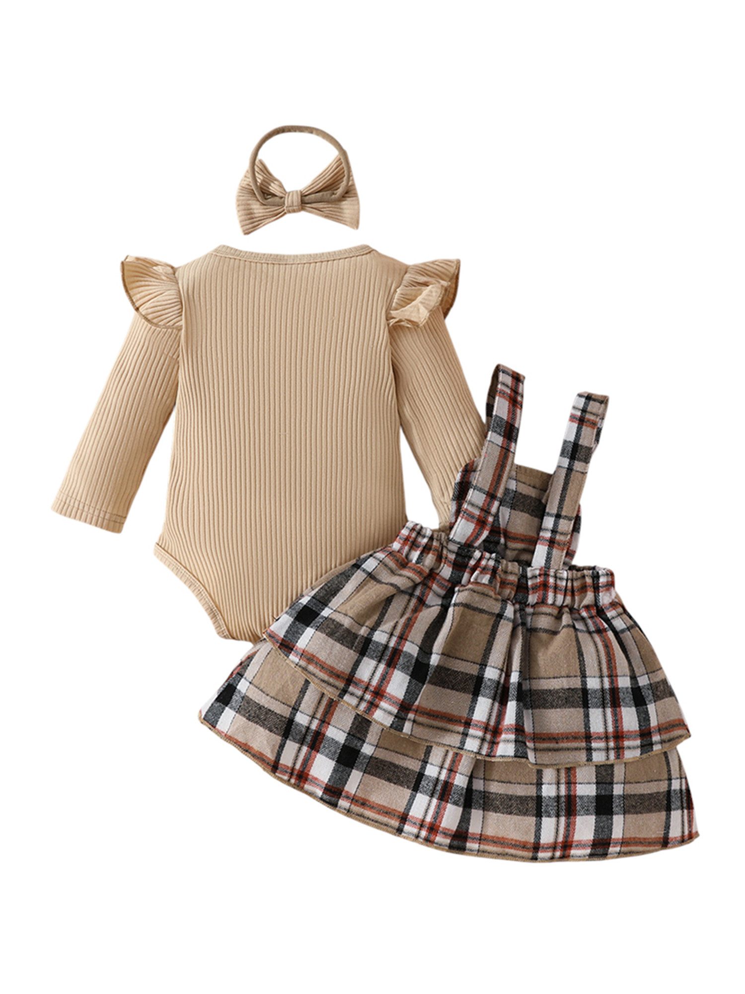 Lapastyle Shirt, Rock & Haarband Langarmbody, Trägerkleid und Stirnband für Neugeborene mit karierte (Set, 3-tlg) Baby Mädchen Süßes Outfit mit Schleife&Rüschen für Party, Geburtstage