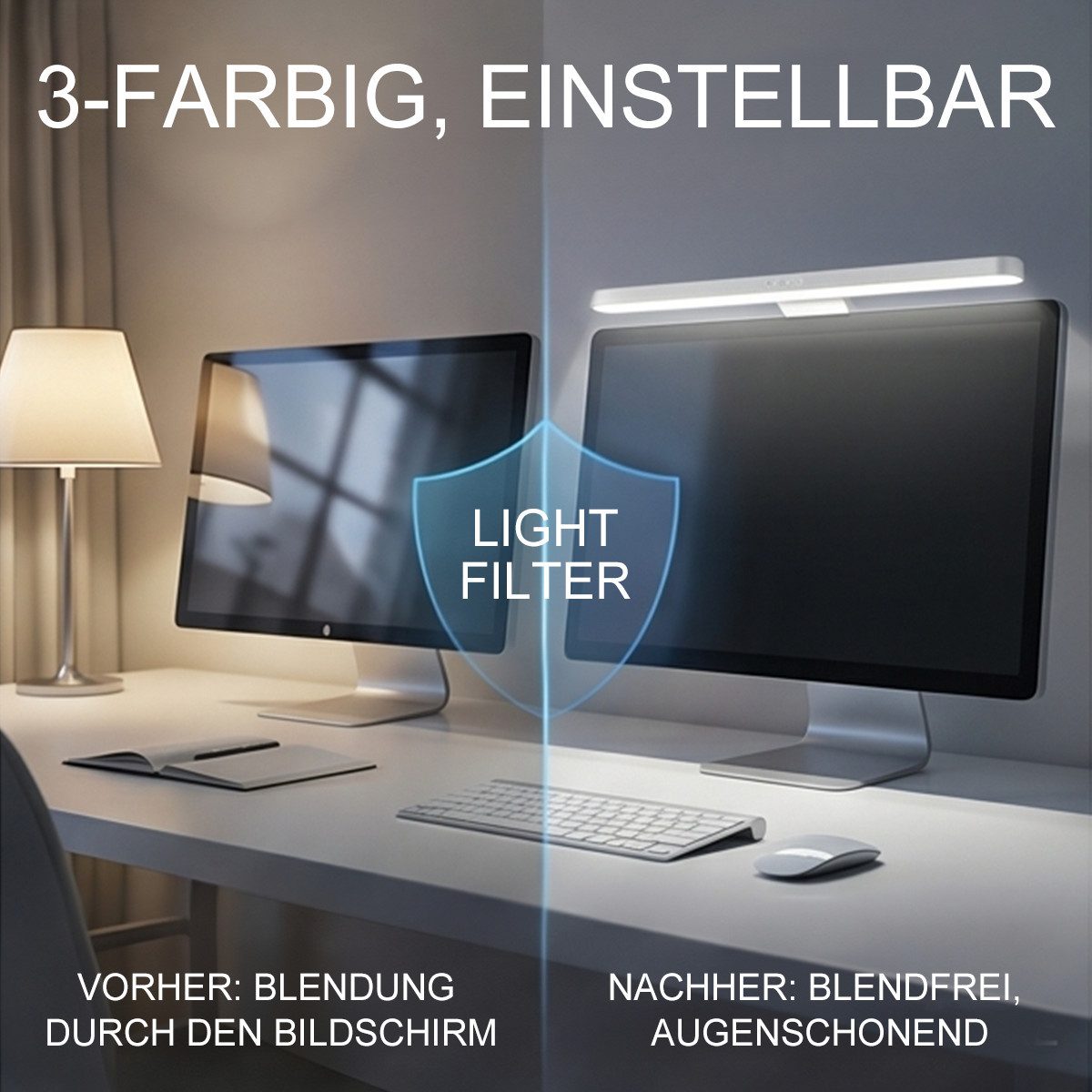 Pdgrid LED Unterbauleuchte 32 cm langer LED-Streifen mit wiederaufladbarem 3000-mAh-Akku, LED fest integriert, Warmes gelbes Licht, neutrales Licht, kaltes weißes Licht, Typ-C-Schnellladeanschluss ;Starke Haftung ;180° drehbar