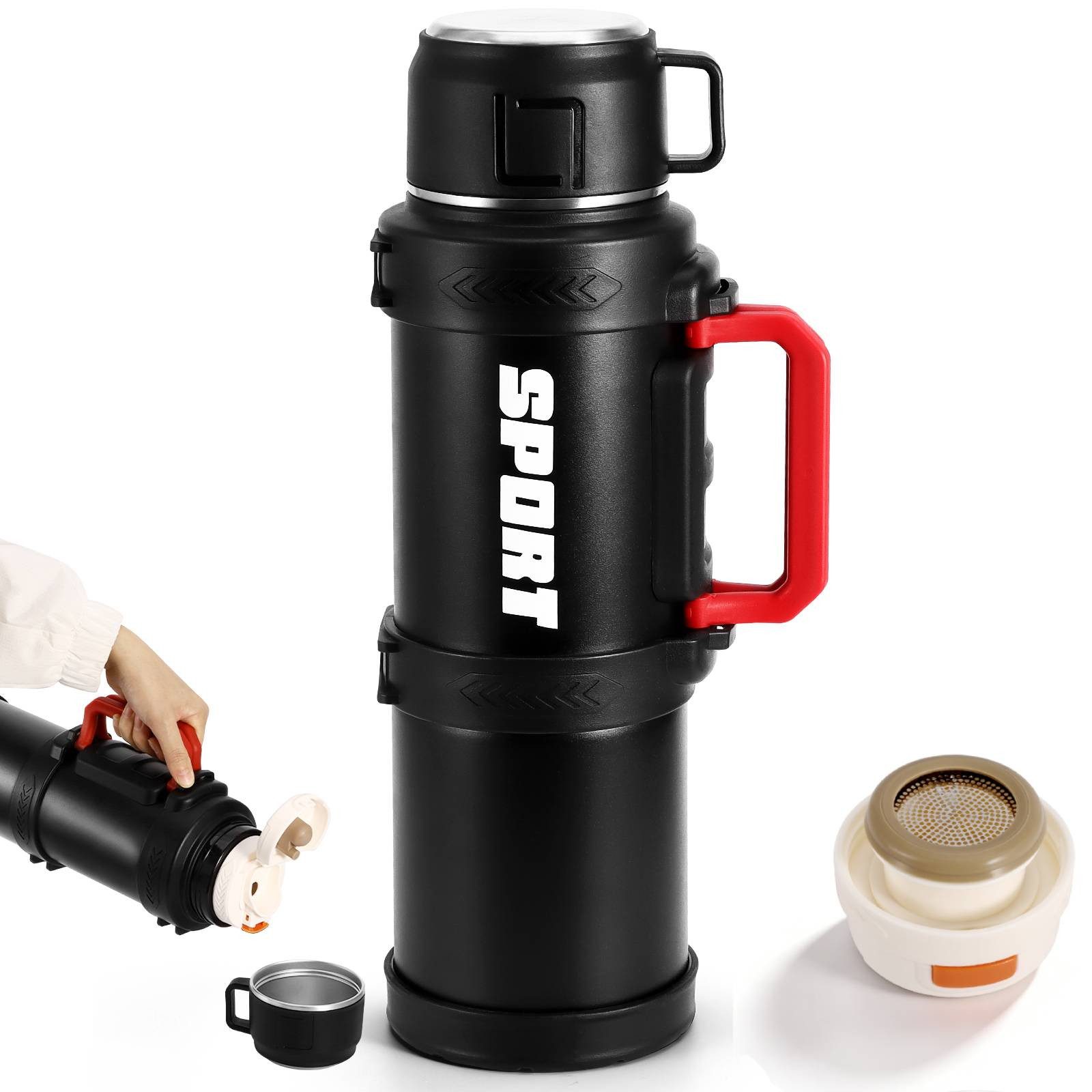 BlingBin Thermoflasche Thermoskanne 2.5L, Isolierkanne Edelstahl Trinkflasche mit Tragegurt, Doppelwandisolierung Camping Wasserflasche mit Griff, 24h Heiß & Kalt