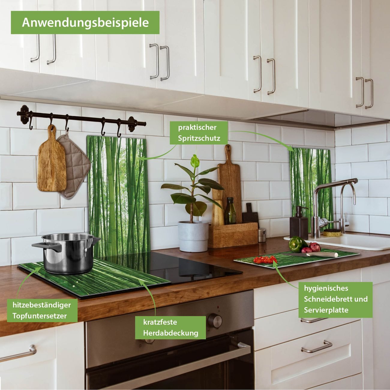 banjado Herd-Abdeckplatte zweiteilig aus Glas mit Motiv Bambus, (gehärtet, 2 tlg., inkl. selbstklebende Gummifüßchen)
