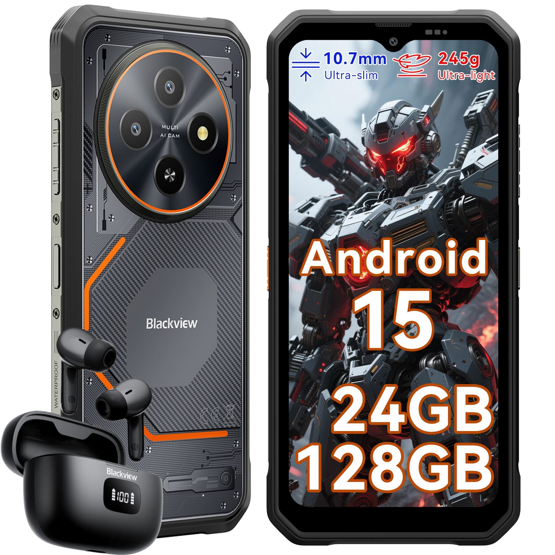 blackview FORT 2 Ultradünnes Robustphone: Nur 10.7mm, AI-Dreifachkamera Smartphone (6.56 Zoll, 128 GB Speicherplatz, DokeOS 5.0, Android 15, 24GB, 16MP, 5W OTG)