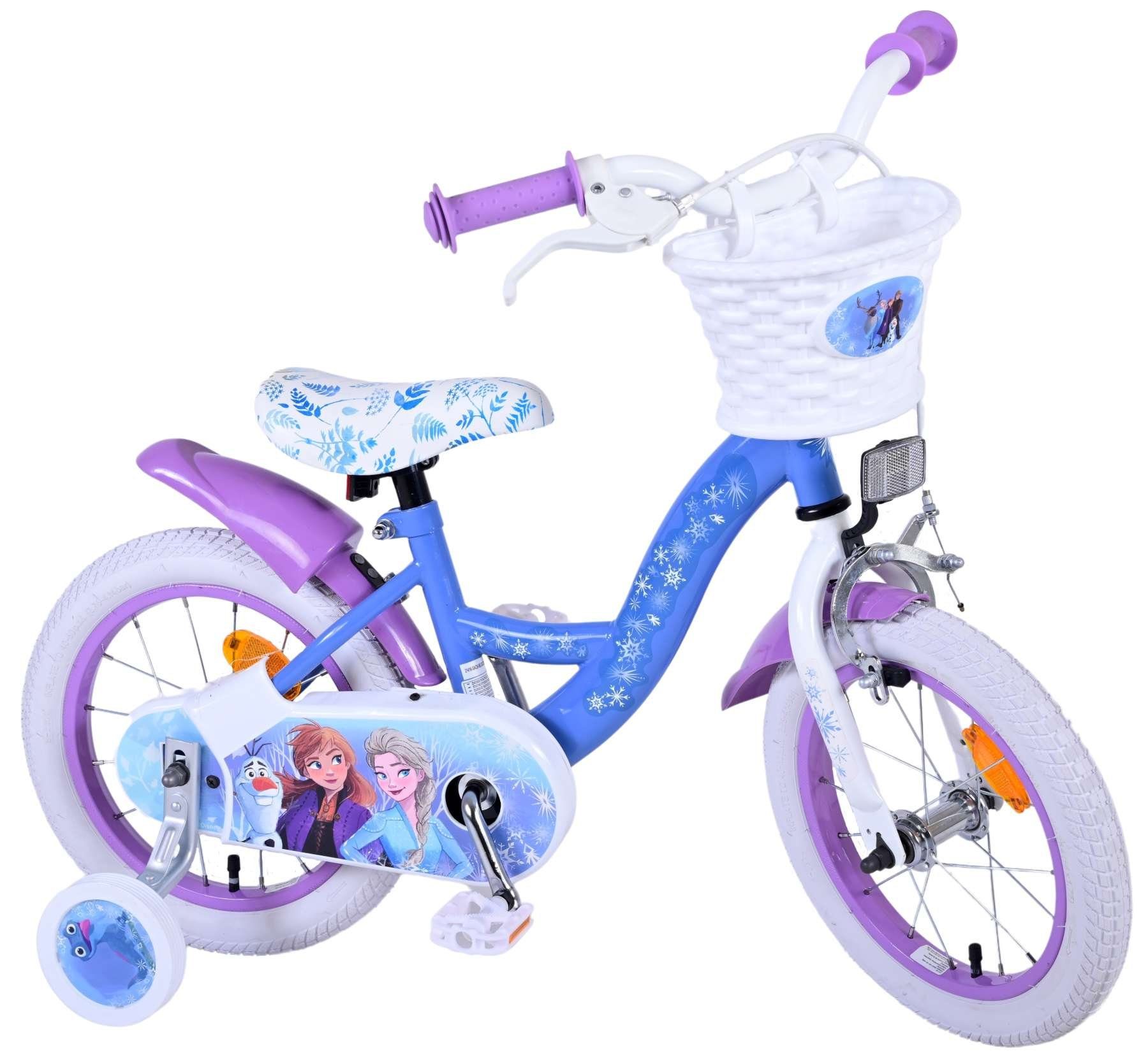 Disney Frozen Kinderfahrrad 2 Mädchen - 14/16 Zoll - Blau / Lila - bis 60 kg - 85% zusammengebaut, 3,5 - 6 Jahre, Rücktrittbremse, bis 60 kg