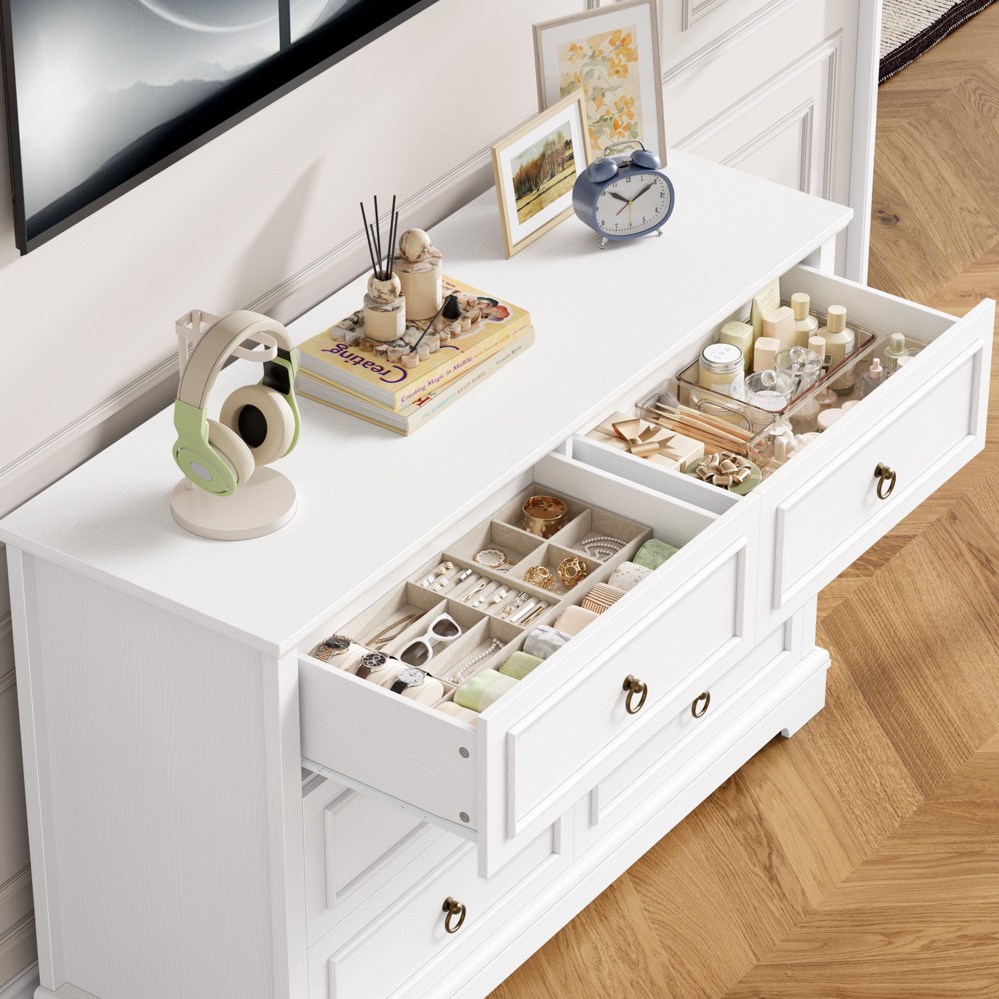 HOMECHO Kommode, Weiß mit 6 Schubladen, 120cm Breit Komodenschrank Sideboard