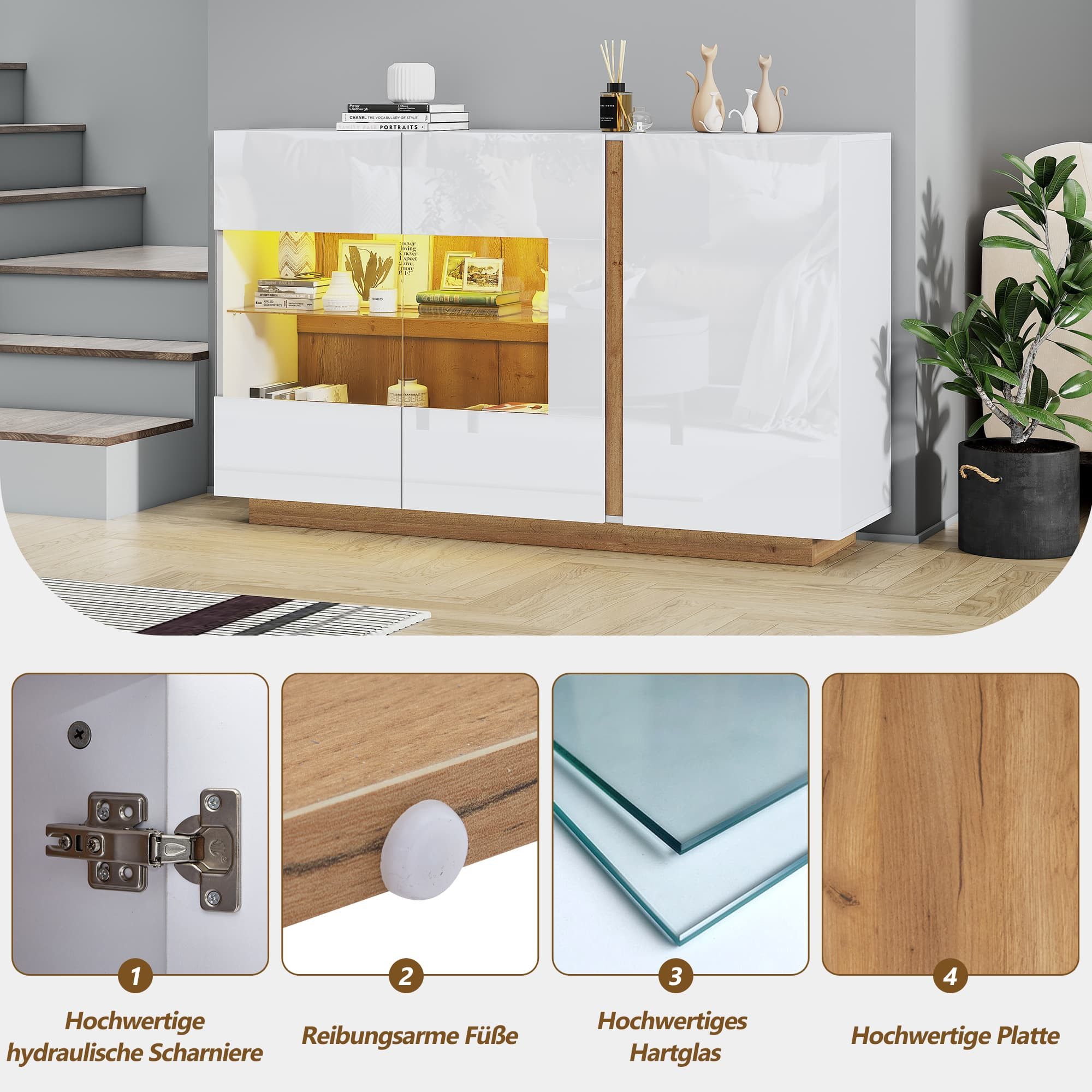 autolock Sideboard Kommode Hochglanz mit led Beleuchtung Holzsockel (138*38*90,5cm), Flurschrank Anrichte Küchenschrank Aufbewahrungsschrank