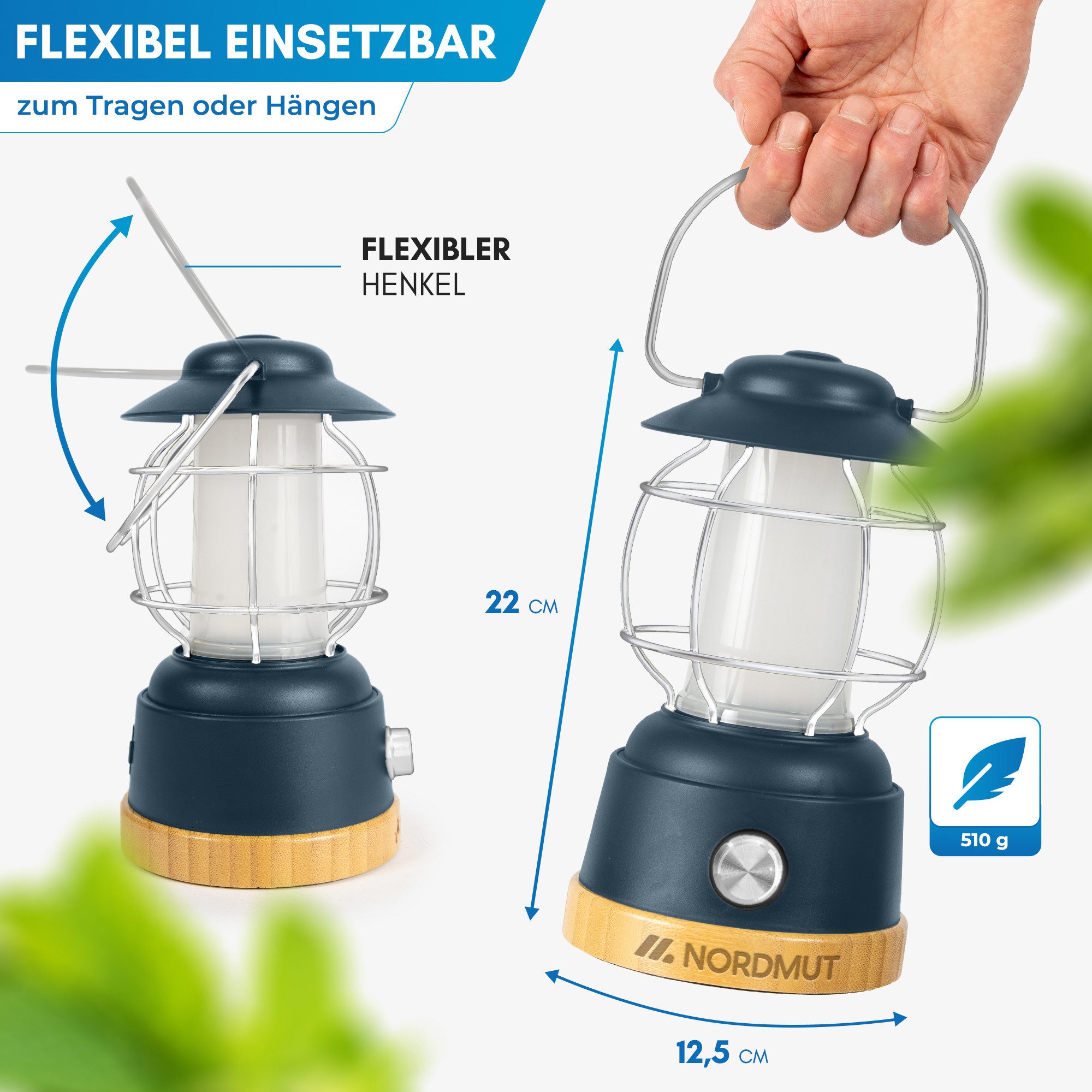 Nordmut Außen-Tischleuchte Campinglampe LED Akku aufladbar, 5200 mAh Powerbank, dimmbar, USB, LED fest integriert, Warmweiß, Tageslichtweiß, 200h Leuchtdauer, I – Bild 2 von 5