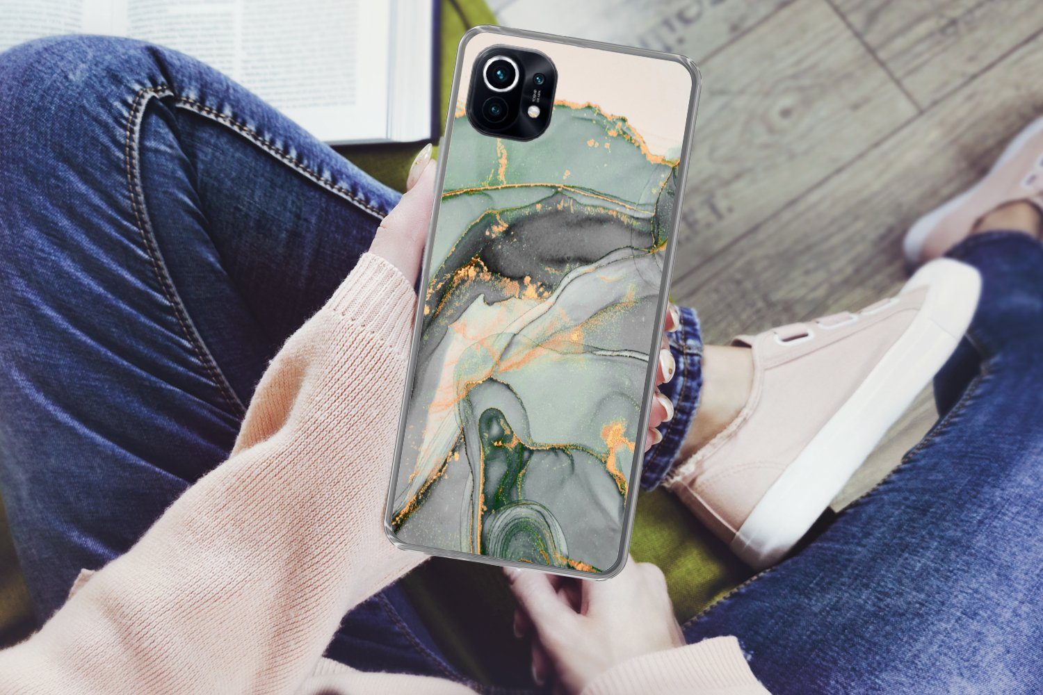 MuchoWow Handyhülle für Xiaomi Mi 11 Gold - Marmor - Grün - Luxus - Glitzer - Marmoroptik, Phone Case, Silikon, Schutzhülle Dünn