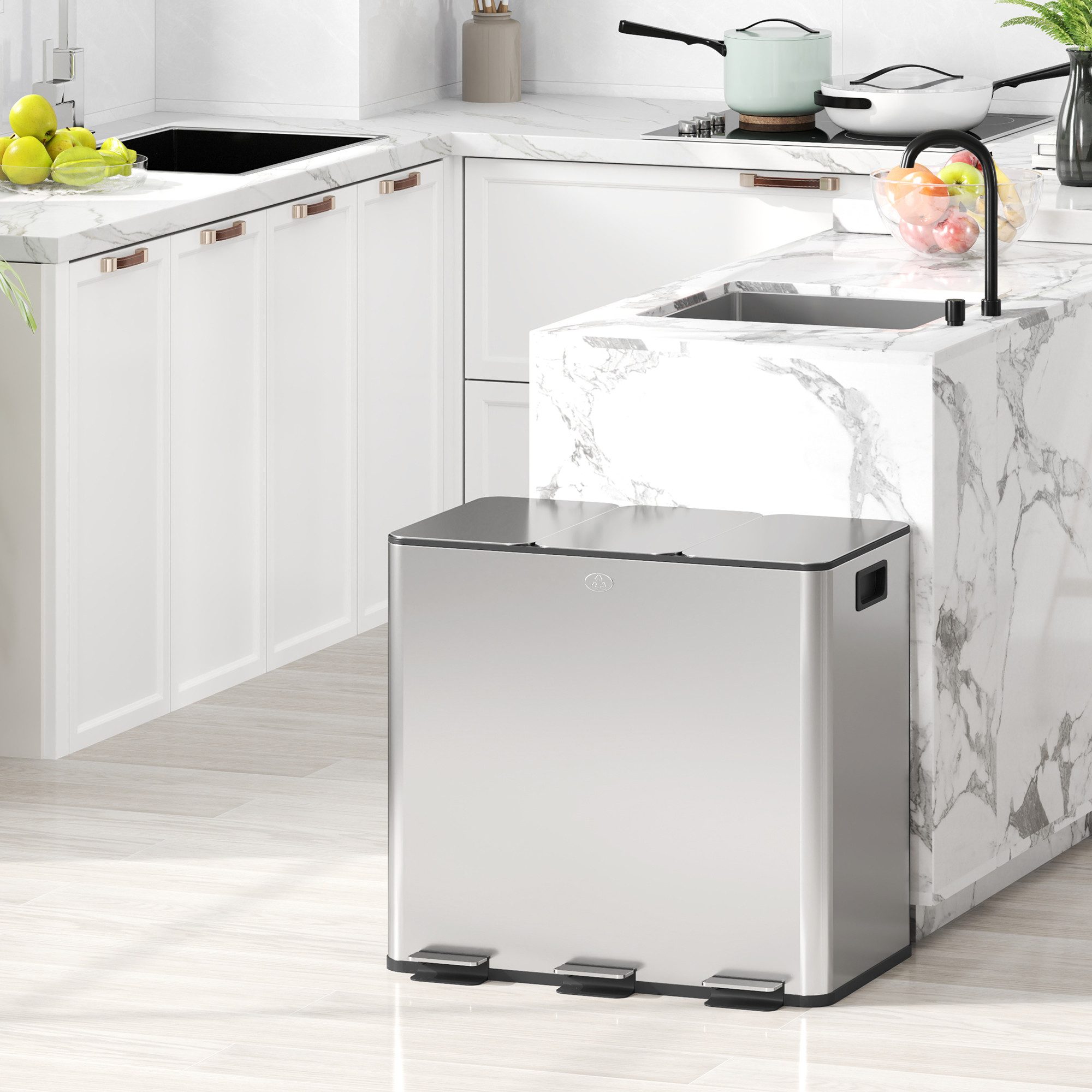 HOMCOM Mülltrennsystem Mülleimer Treteimer 3 Fächer inkl. Inneneimer, 61,9x36,6x43,2cm, Deodorant-Deckel, Edelstahl, Silber