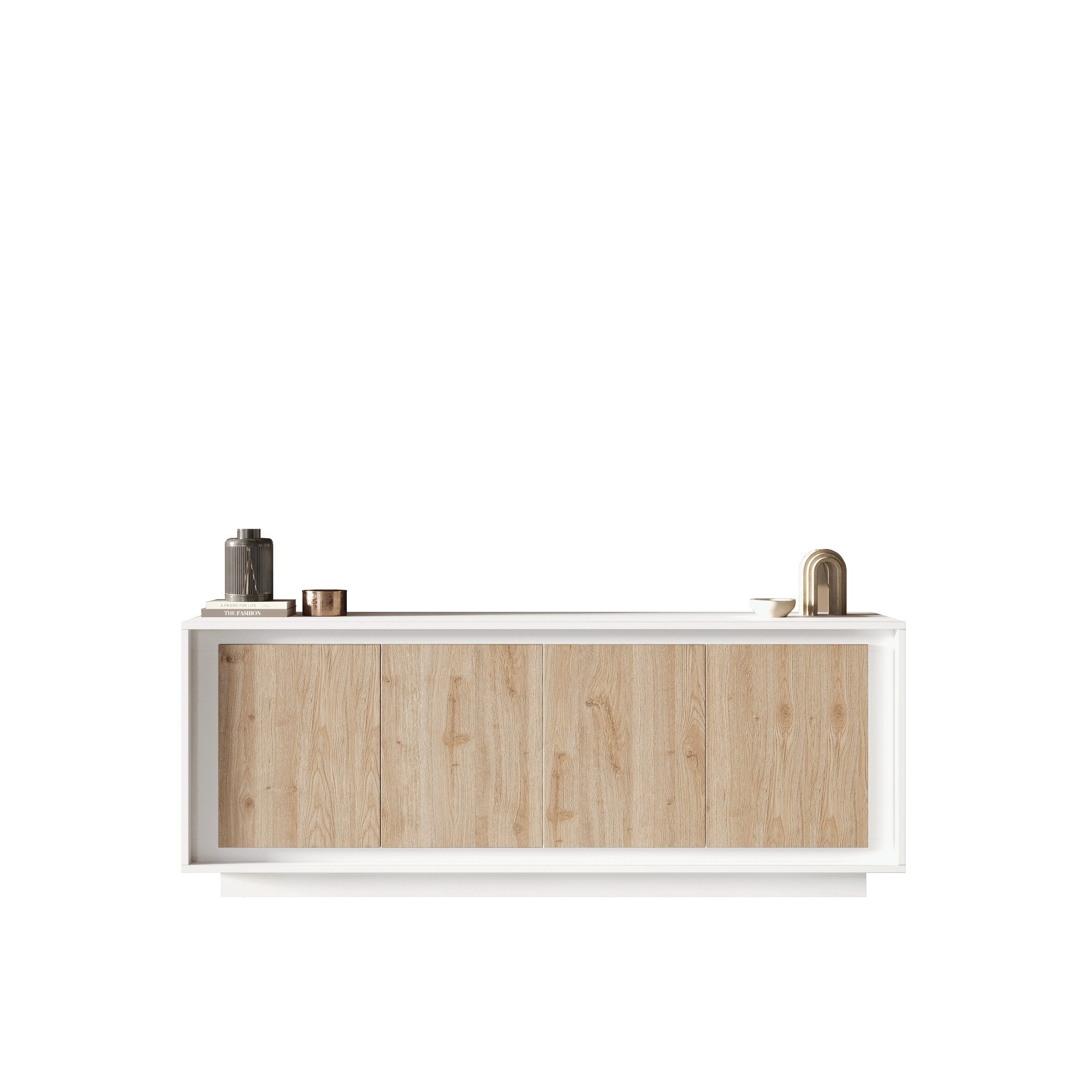 freiraum Sideboard Siena, 4 Türen, Weiss Lack matt / Cadiz Eiche Dekor - 207x80x50 (BxHxT)