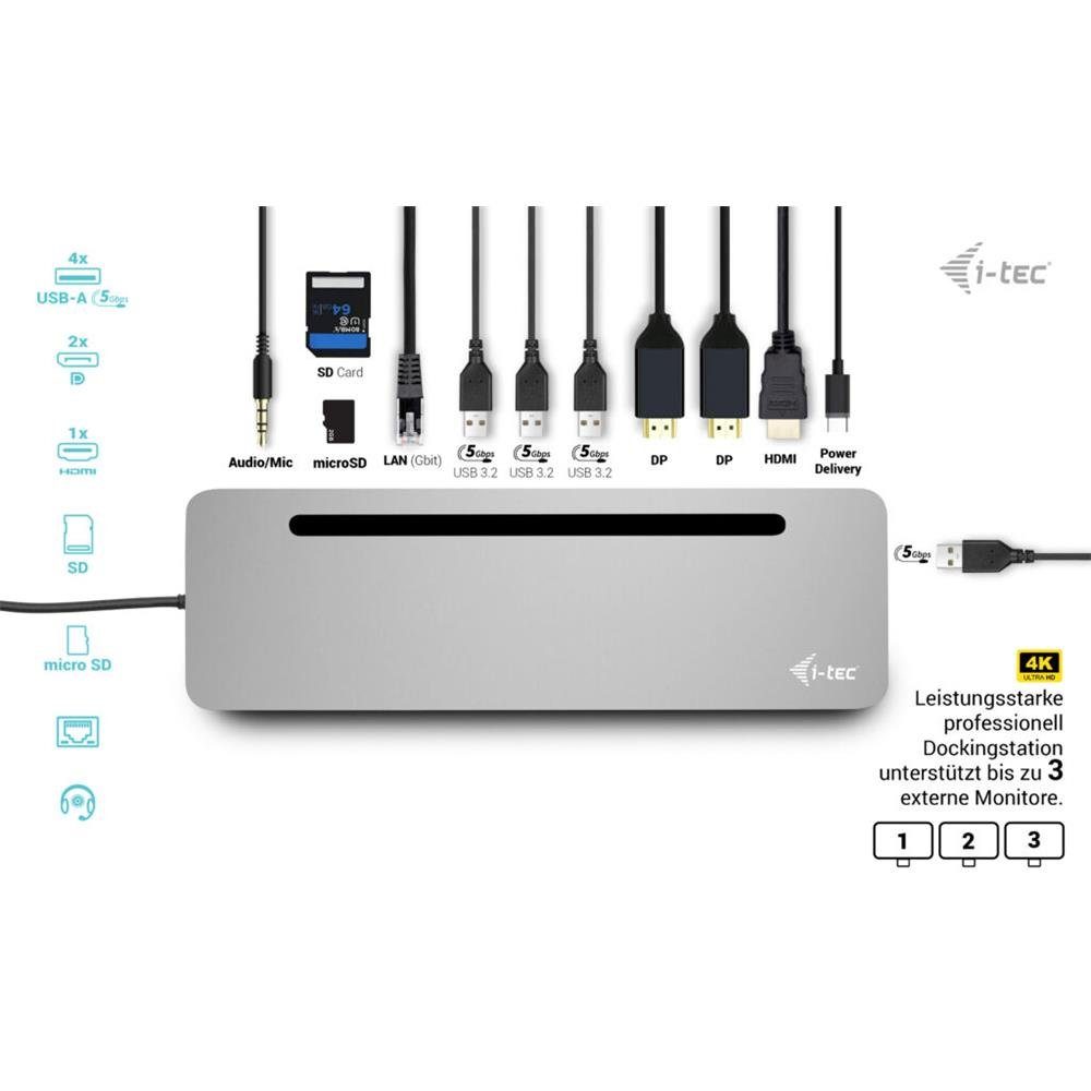 I-TEC Laptop-Dockingstation USB-C Metal Ergonomic 4K 3x Display mit PD 100W, + Universal Charger 100W
