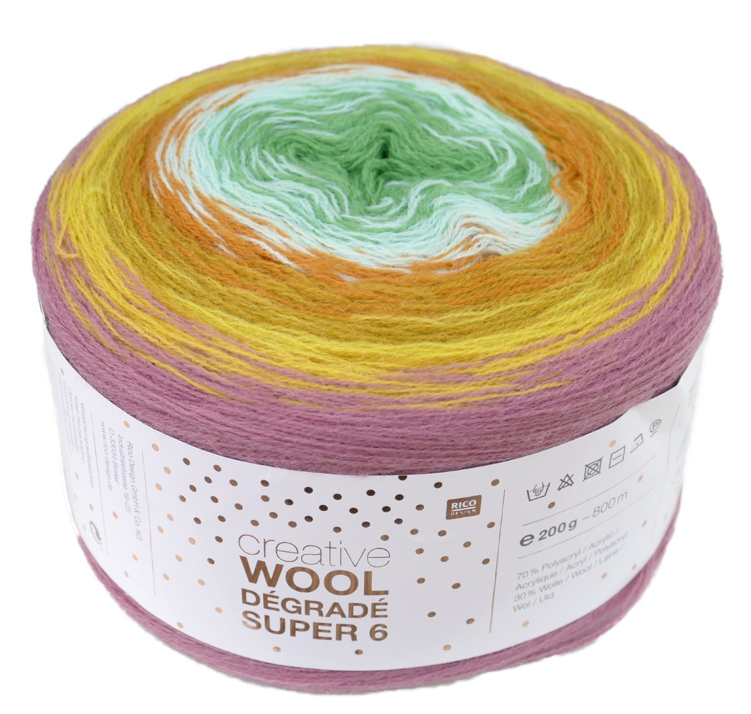 Rico Design Creative Wool Degrade & Super6 Farbverlaufswolle Stricken Häkeln Häkelwolle, 800,00 m (200g Strickwolle Strickgarn Handstrickgarn mit Farbverlauf, Farbverlaufsgarn mit Wolle zum stricken und häkeln), mit Anleitung für 1 Tuch in der Bandarole