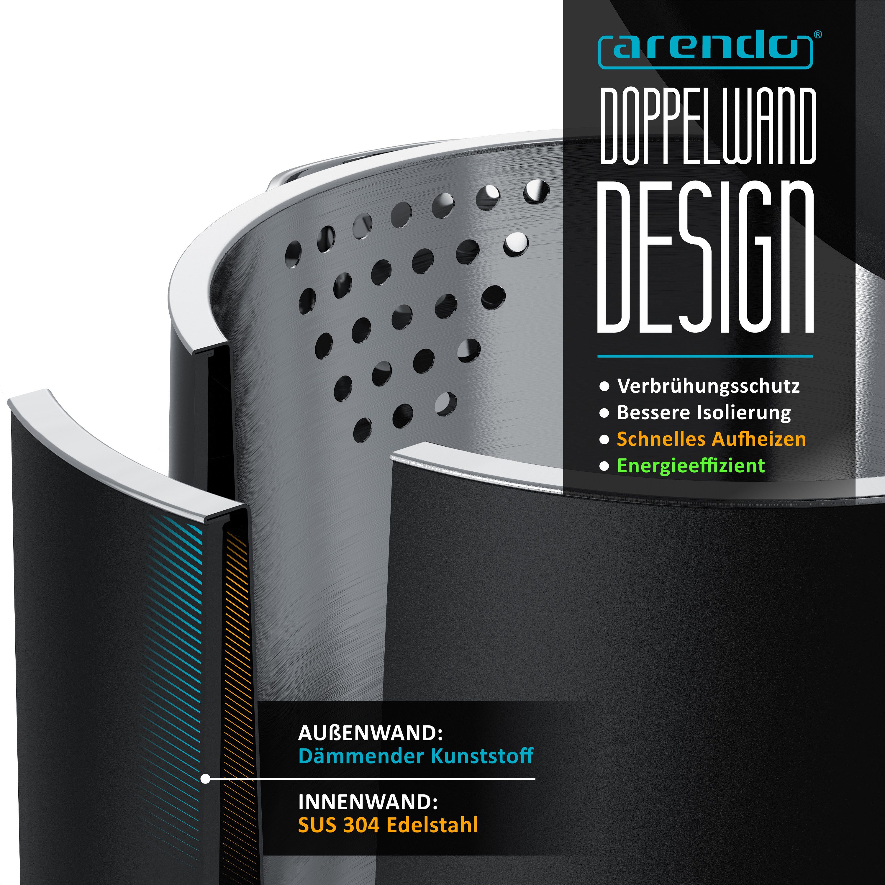 Arendo Wasserkocher aus Edelstahl, 360° Controller, Doppelwand-Design, schwarz matt, 1,5 l, 2200 W, Teekocher, Cool-Touch-Griff, Überhitzungsschutz, BPA-frei, k – Bild 4 von 5