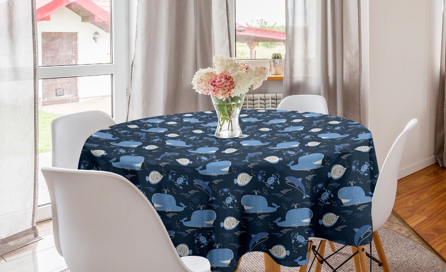Abakuhaus Tischdecke Kreis Tischdecke Abdeckung für Esszimmer Küche Dekoration, Wale Krabben Wellen Menge der Fische