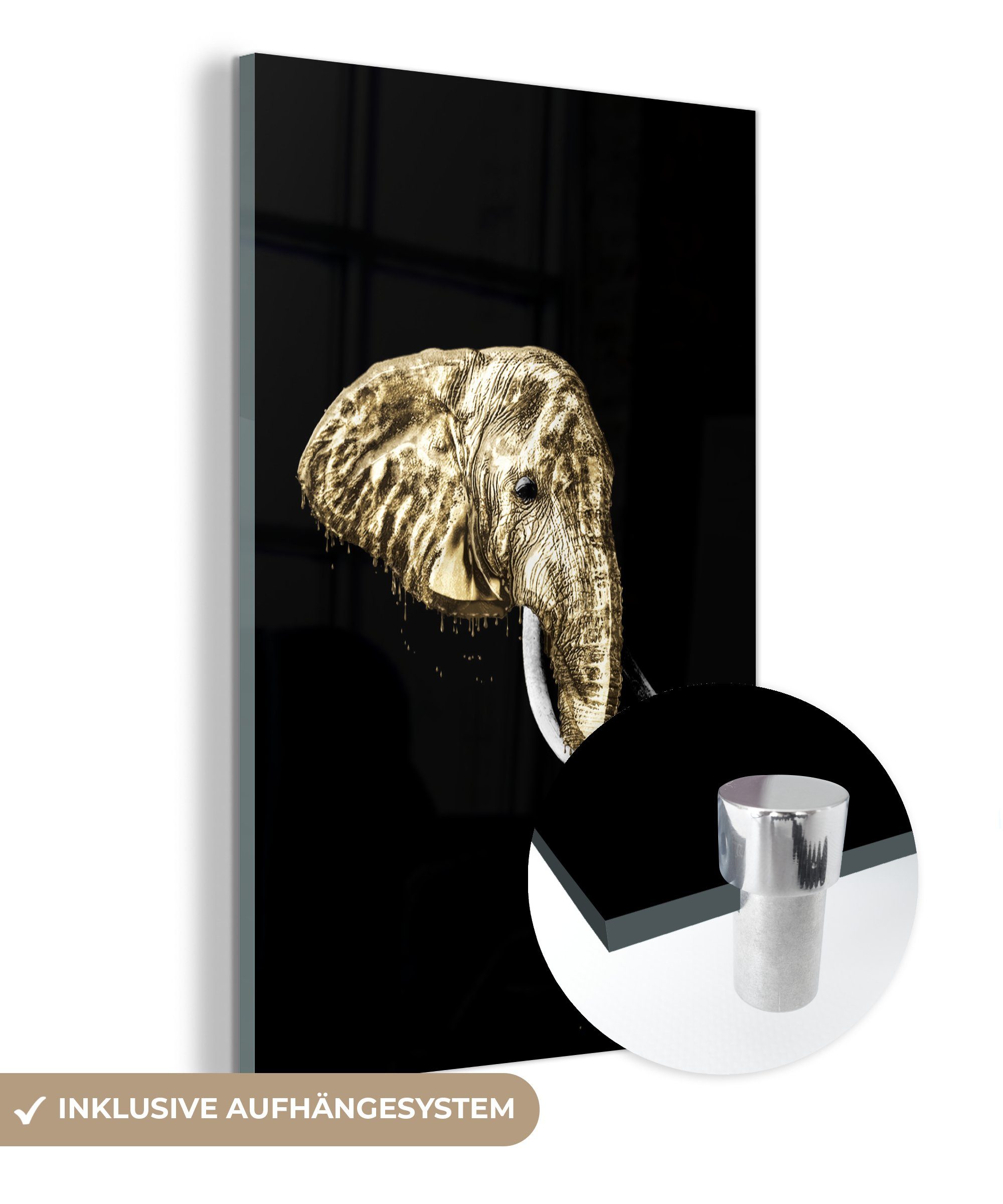 MuchoWow Acrylglasbild Elefant - Schwarz - Gold, (1 St), Glasbilder - Bilder auf Glas Wandbild - Foto auf Glas - Wanddekoration bunt