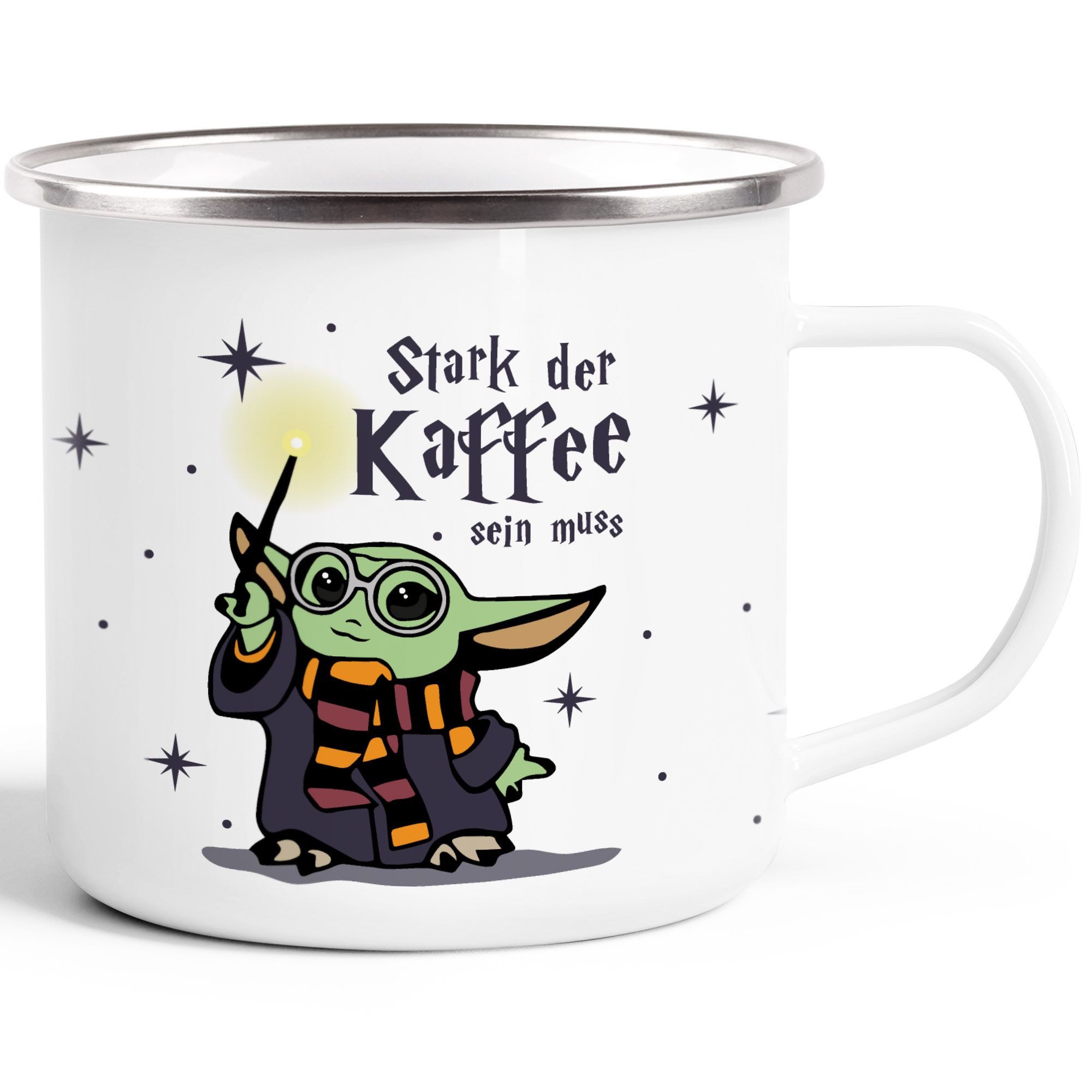 MoonWorks Tasse Emaille-Tasse Baby-Yoda Spruch lustig Stark der Kaffee sein muss, Metall, emailliert und mit Aufdruck