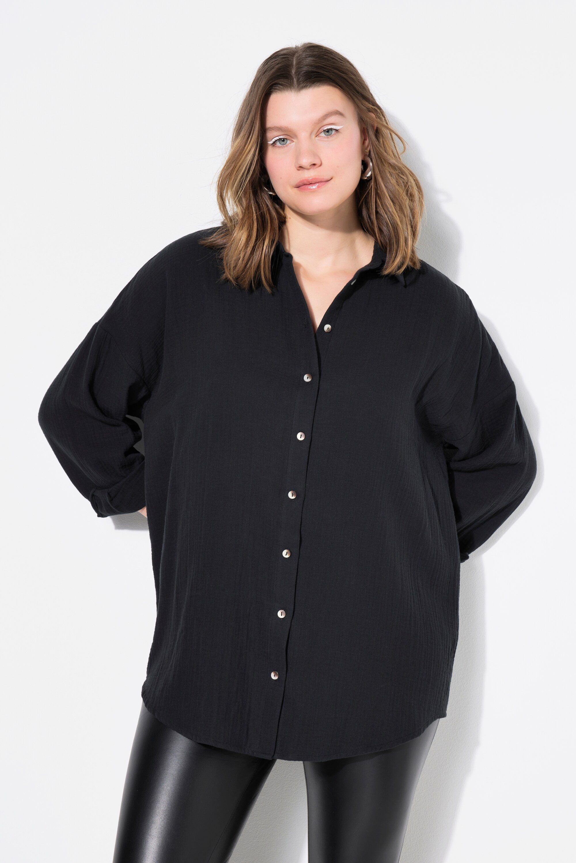 Hemdbluse Musselin Bluse oversized Hemdkragen Langarm