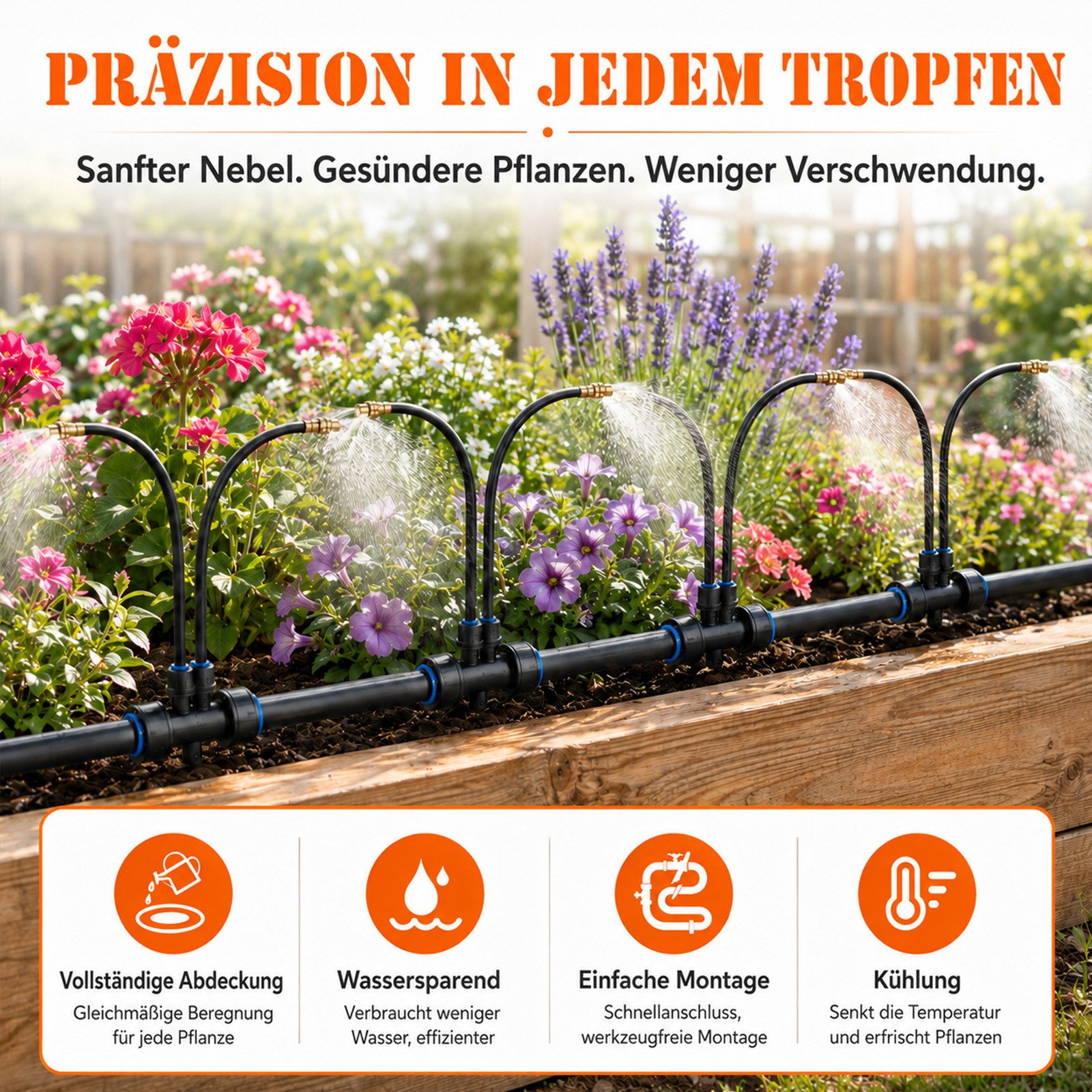 LMaxhome Bewässerungssystem Garten mit automatischer Tropfbewässerung, Mit 360° Kupfer-Sprühdüsen, (1-tlg), Doppelanschluss & 9,5 mm Schlauch für Gewächshaus, Rasen & Pflanzen