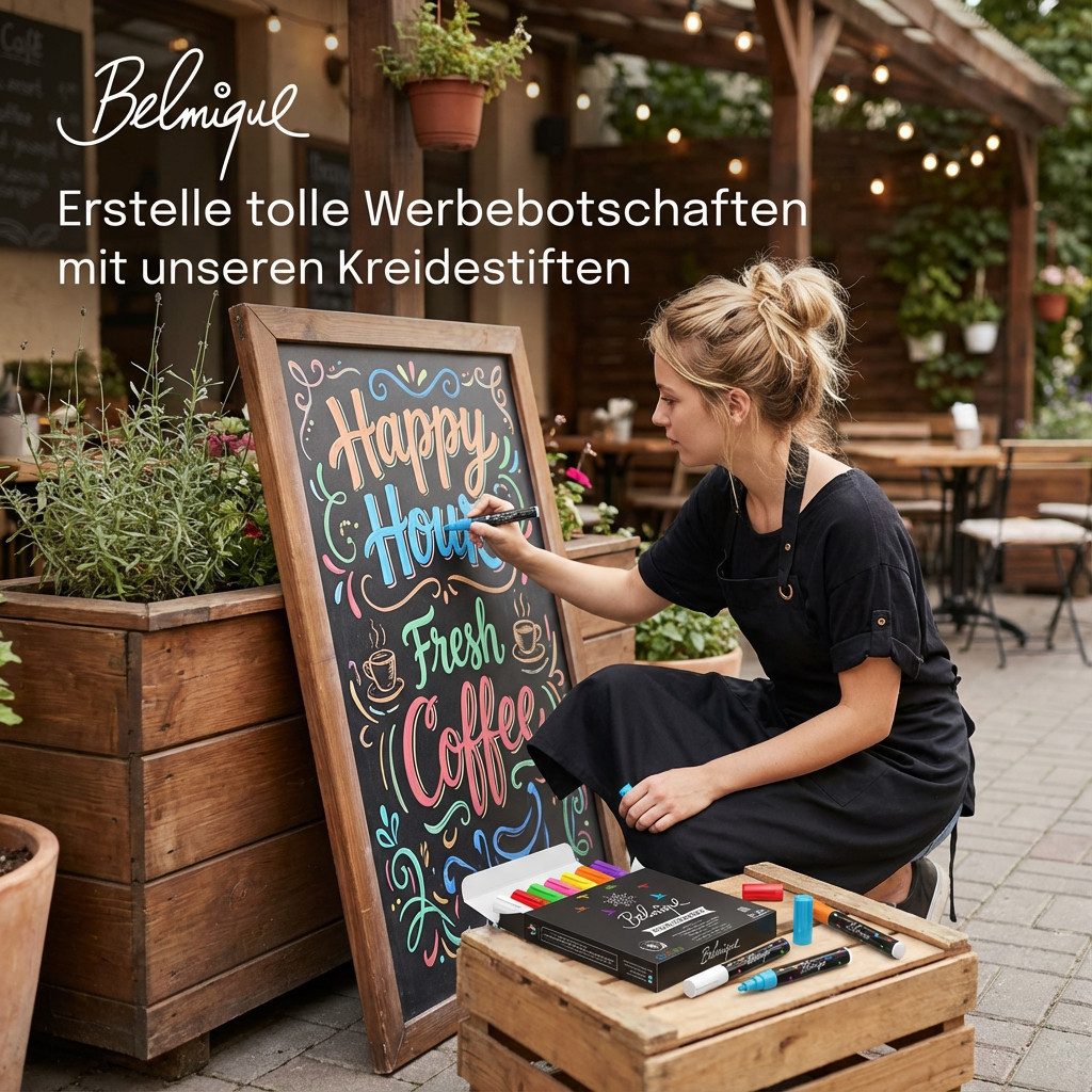 Belmique Malkreide Kreidemarker, (Set aus 8 bunte Farben, 8-tlg), Ideal für Tafel, Fenster, Whiteboard - Rund- & Schrägkeilspitze