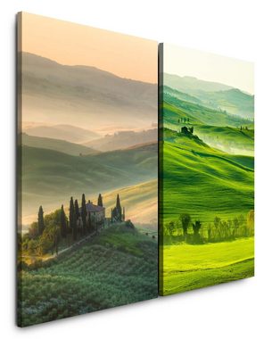 Sinus Art Leinwandbild 2 Bilder je 60x90cm Toskana Italien Mediterran Hügellandschaft Grün Finca Urlaub